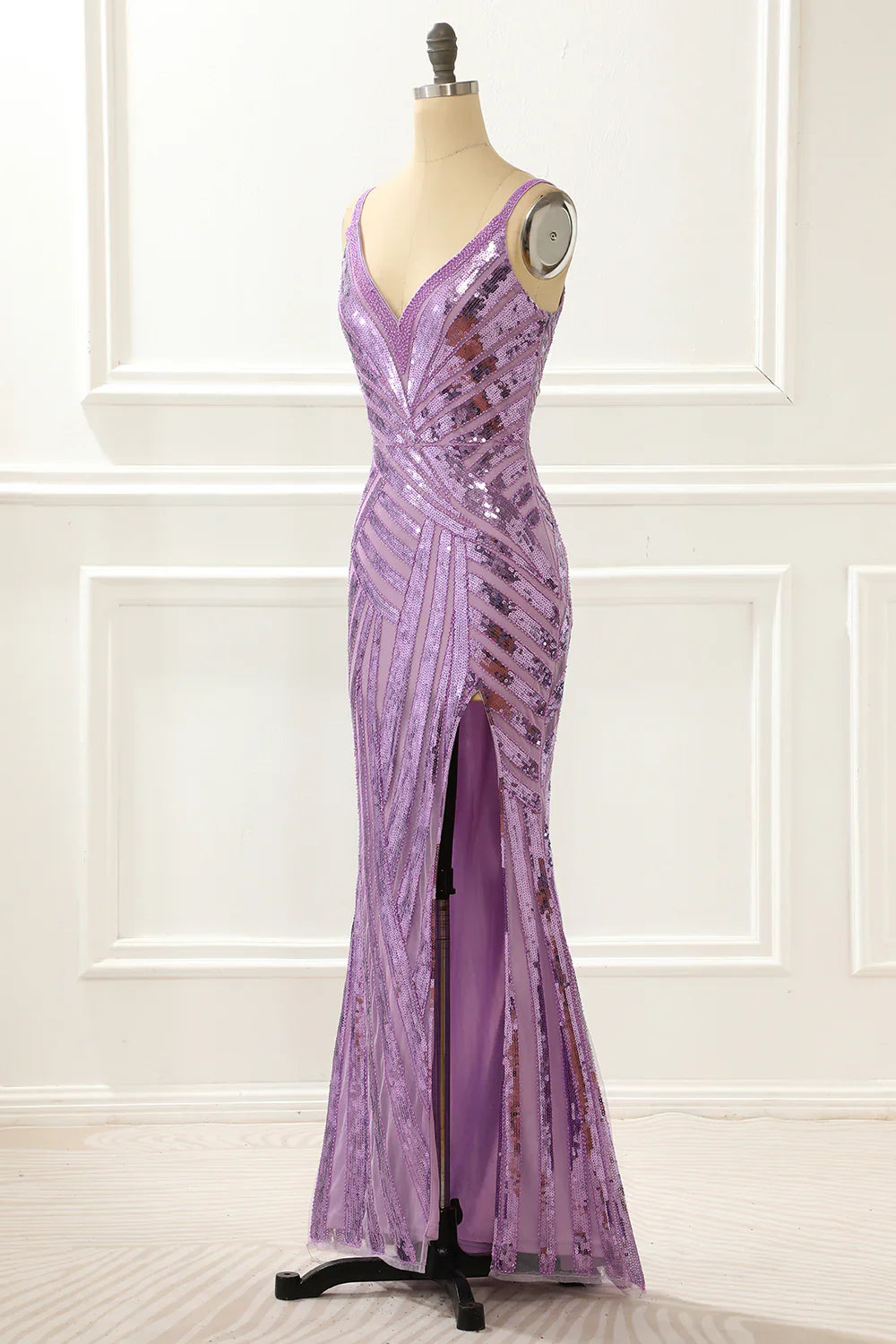 V-Neck Sparkly Purple  Prom Dress With Slit