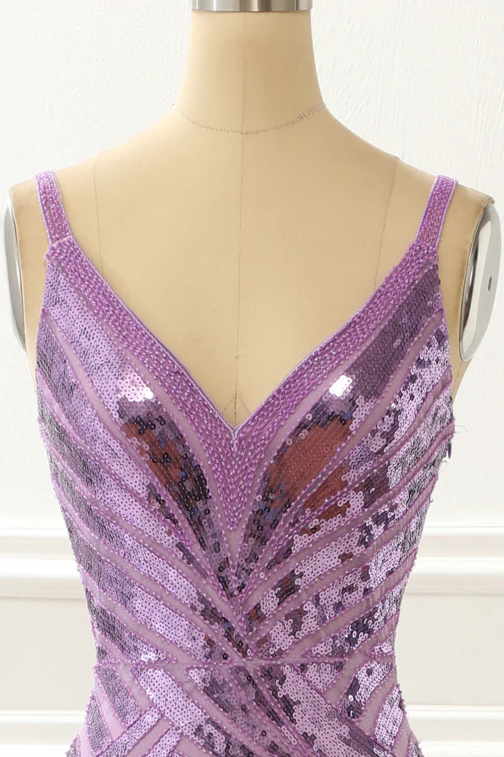 V-Neck Sparkly Purple  Prom Dress With Slit