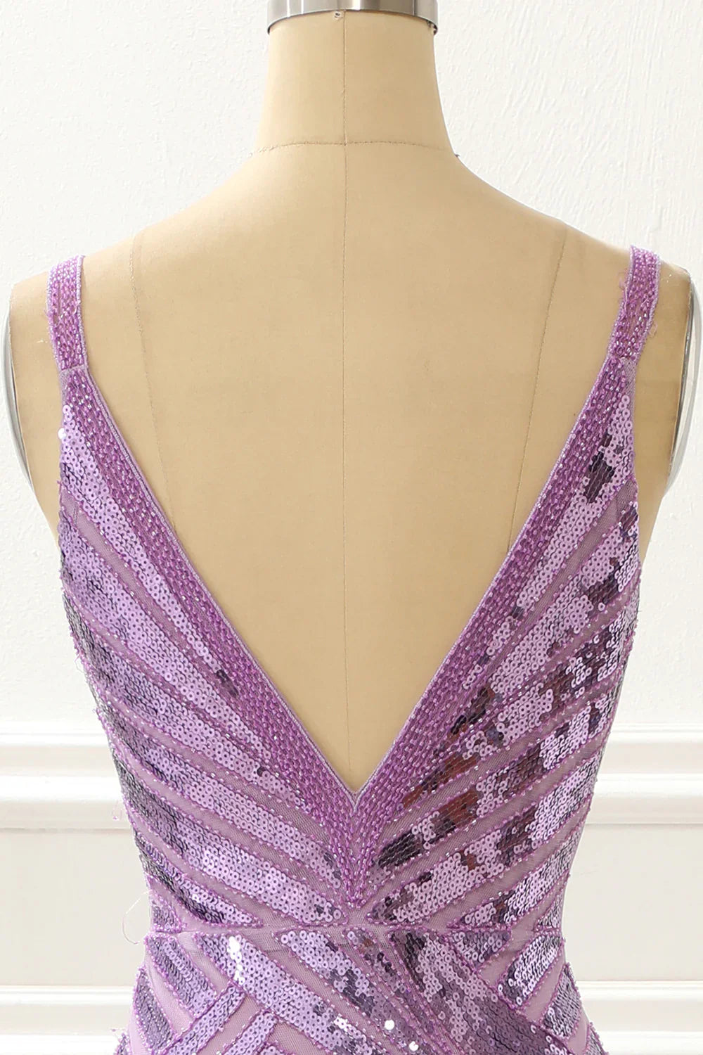 V-Neck Sparkly Purple  Prom Dress With Slit