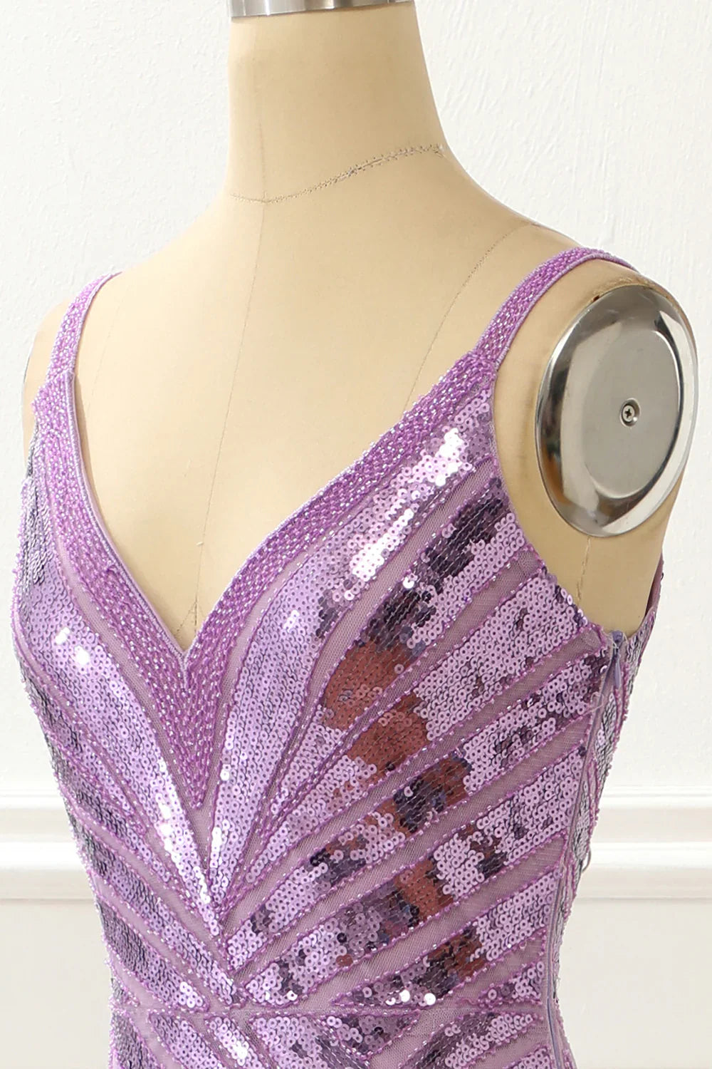 V-Neck Sparkly Purple  Prom Dress With Slit