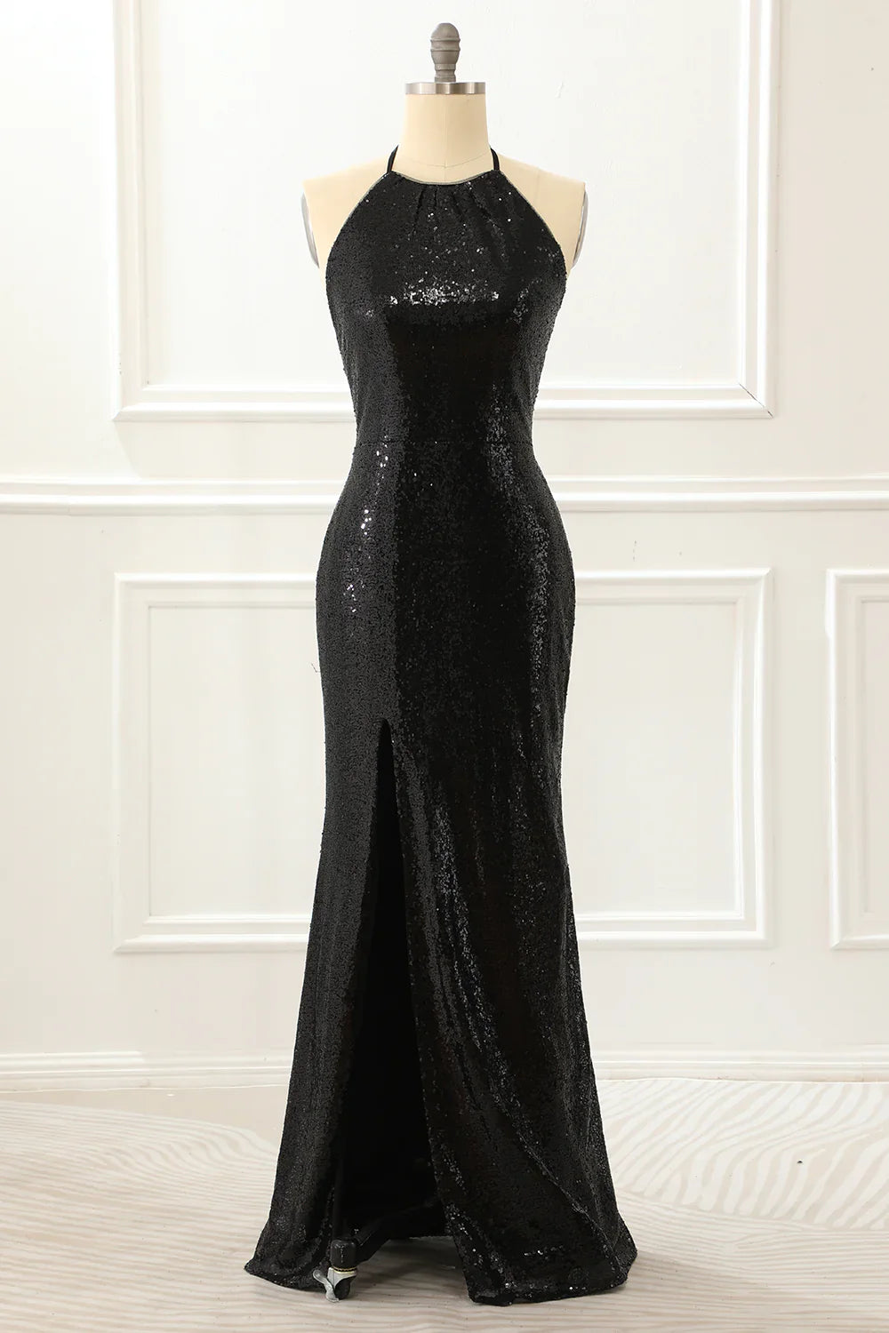 Halter Sequin Prom Dress With Slit