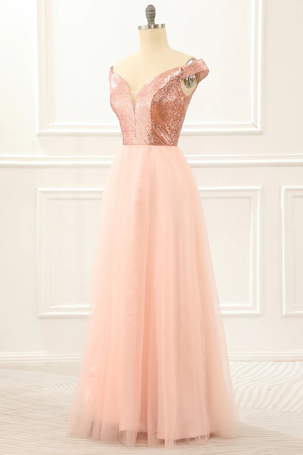 Blush Off The Shoulder Sequins Prom Dress