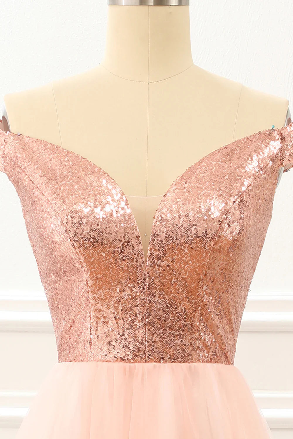 Blush Off The Shoulder Sequins Prom Dress