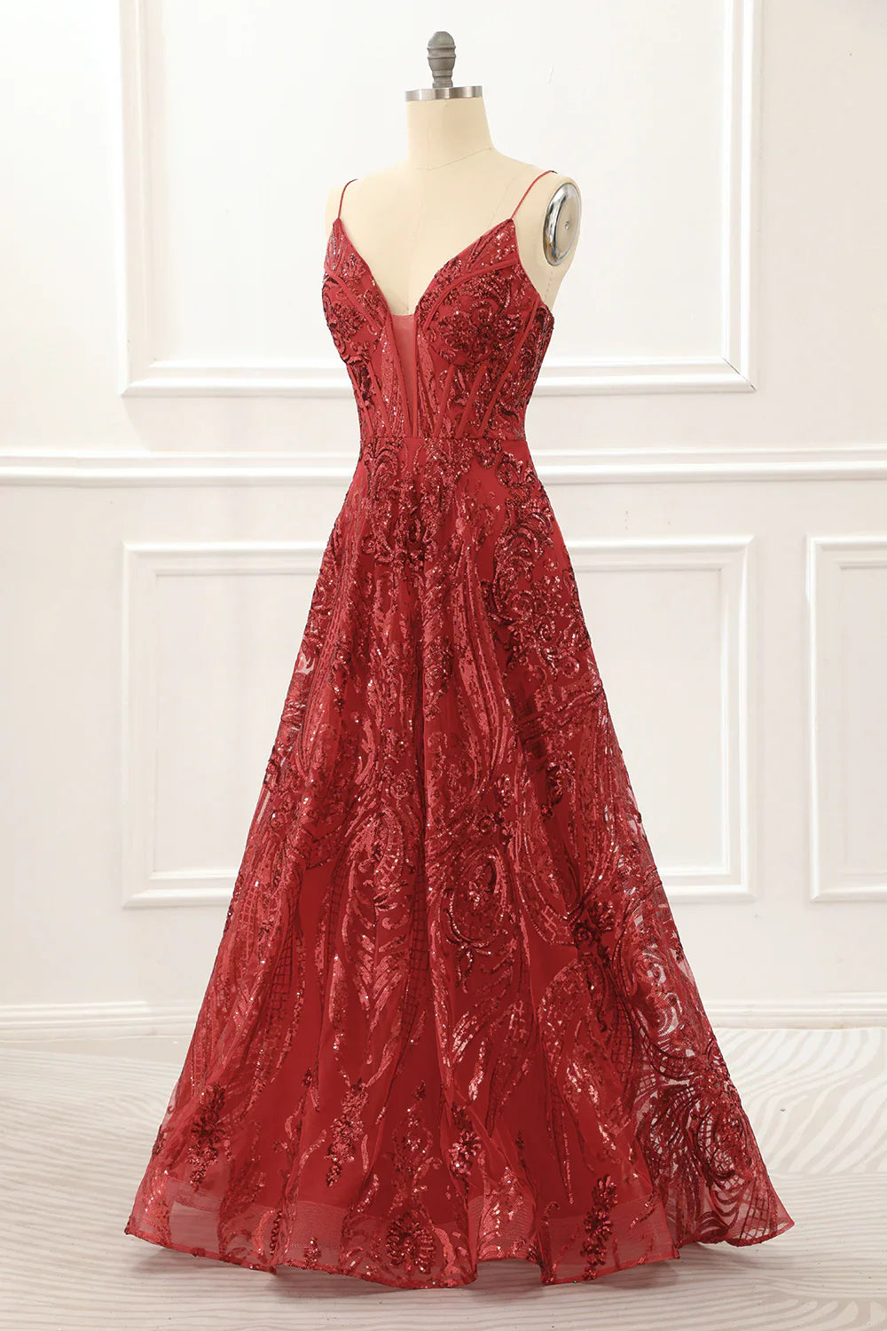 Red Spaghetti Straps Sparkly Corset Prom Dress