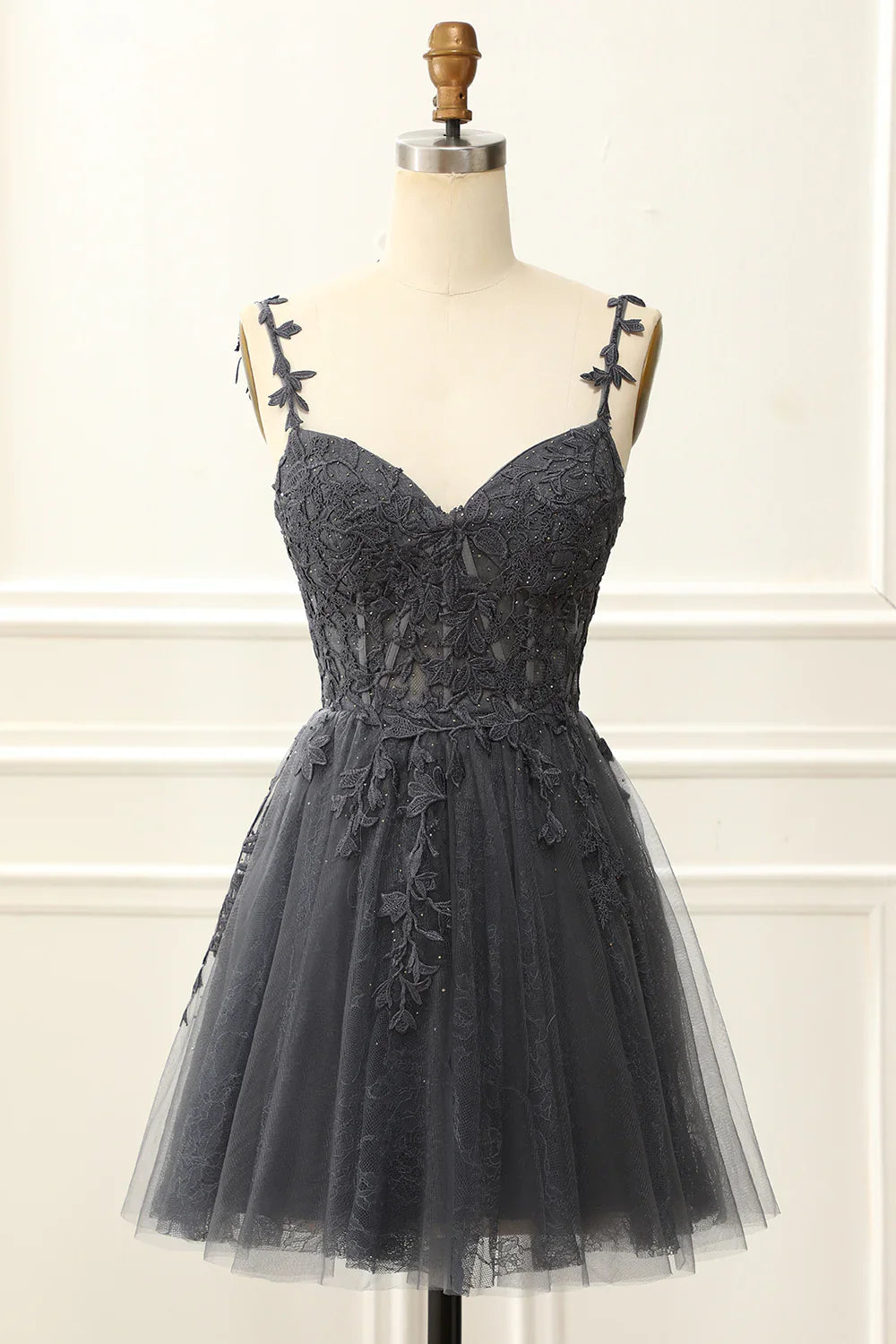 Dark Grey Off The Shoulder Corset Cute Homecoming Dress With Appliques