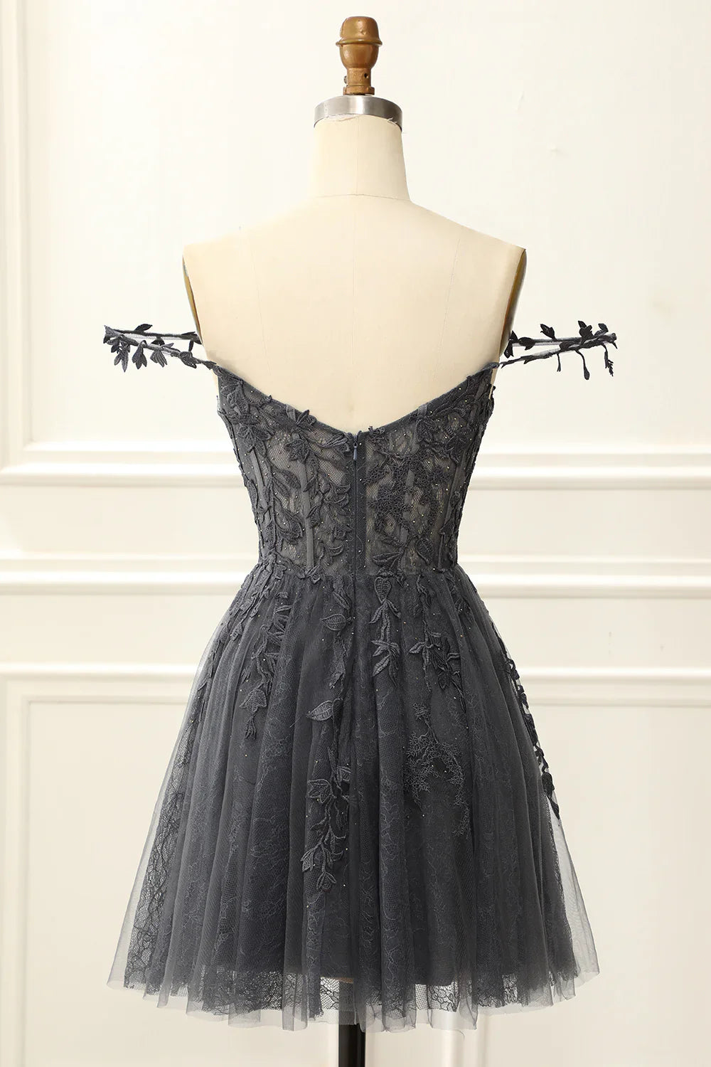 Dark Grey Off The Shoulder Corset Cute Homecoming Dress With Appliques
