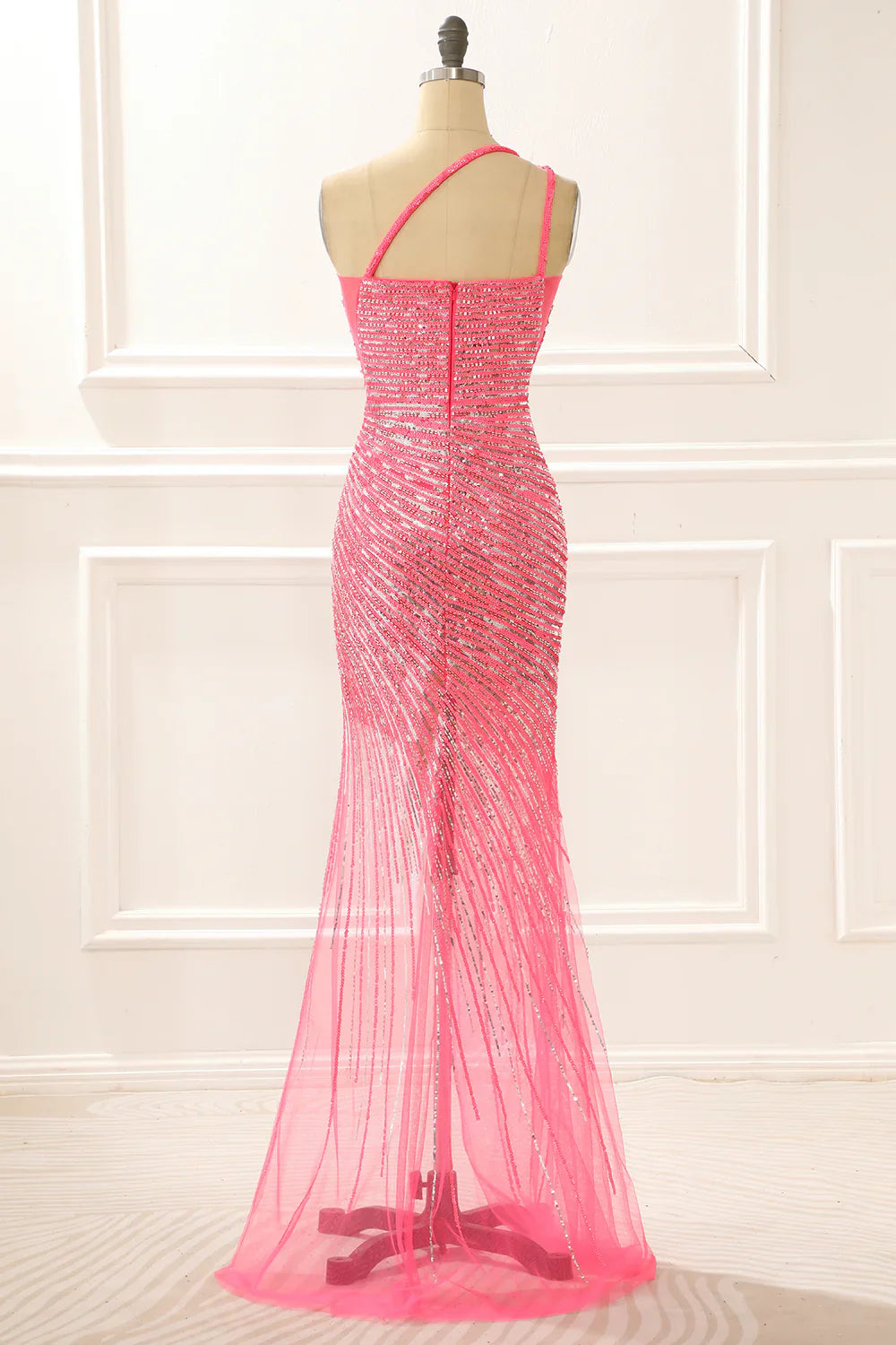 Hot Pink One Shoulder Sparkly Long Prom Dress With Slit