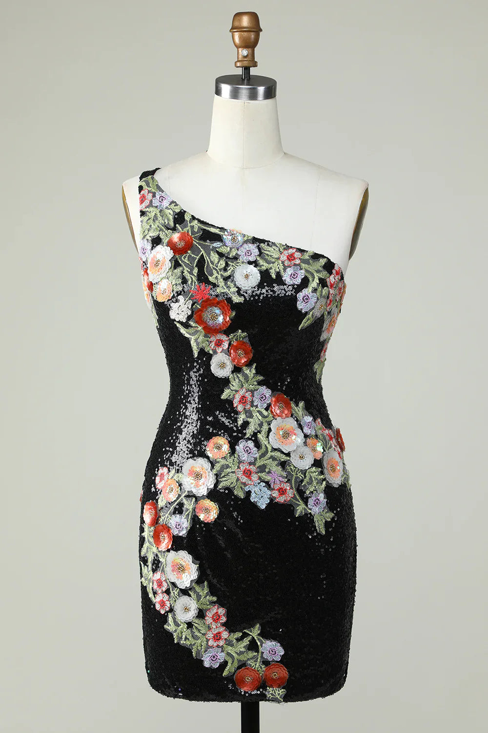 One Shoulder Sequins Tight Black Homecoming Dress With Flowers