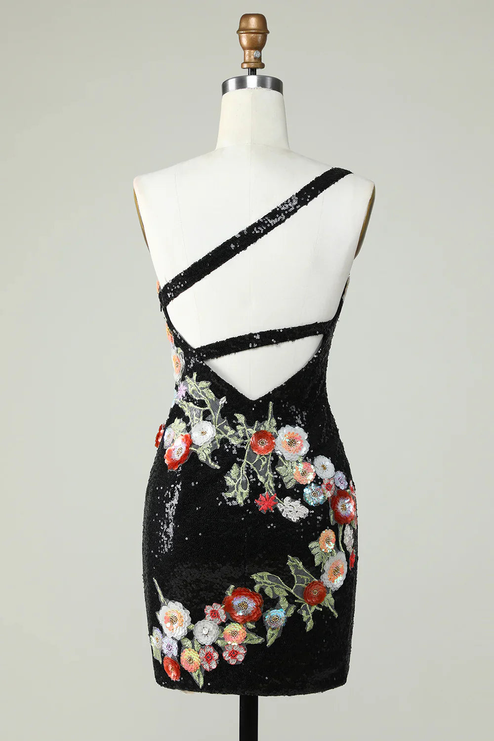 One Shoulder Sequins Tight Black Homecoming Dress With Flowers