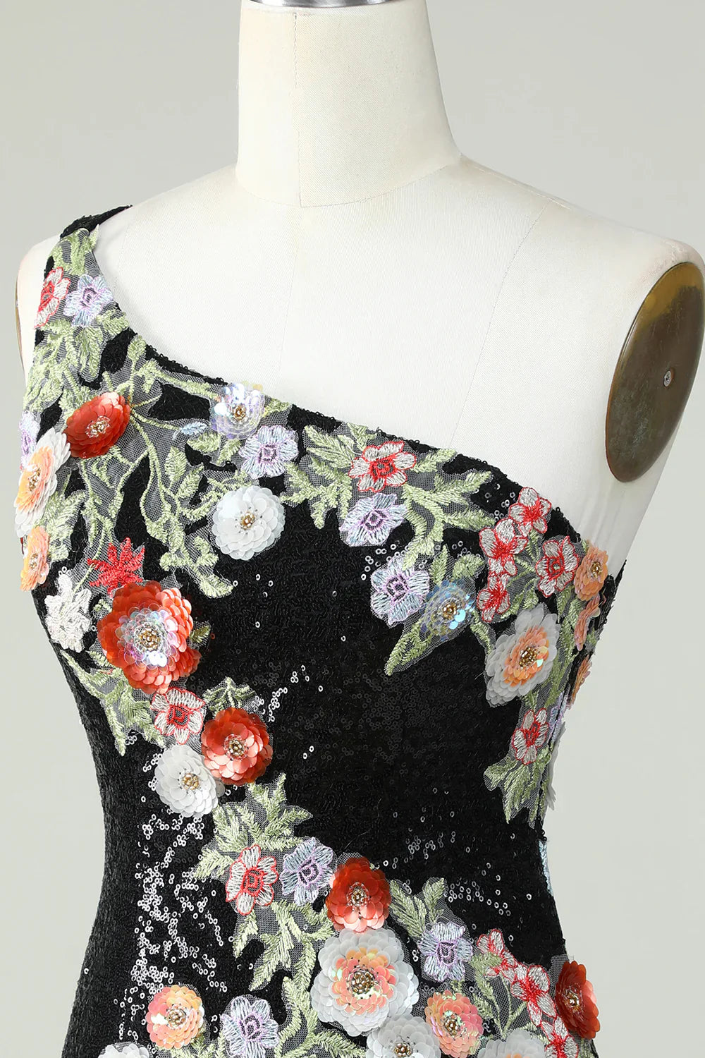 One Shoulder Sequins Tight Black Homecoming Dress With Flowers
