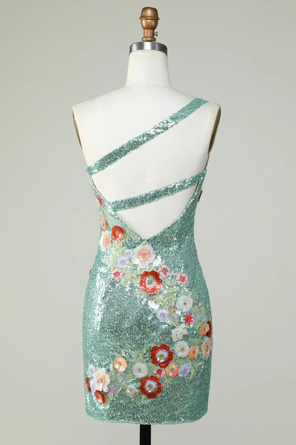 One Shoulder Sequins Tight Green Homecoming Dress With Flowers