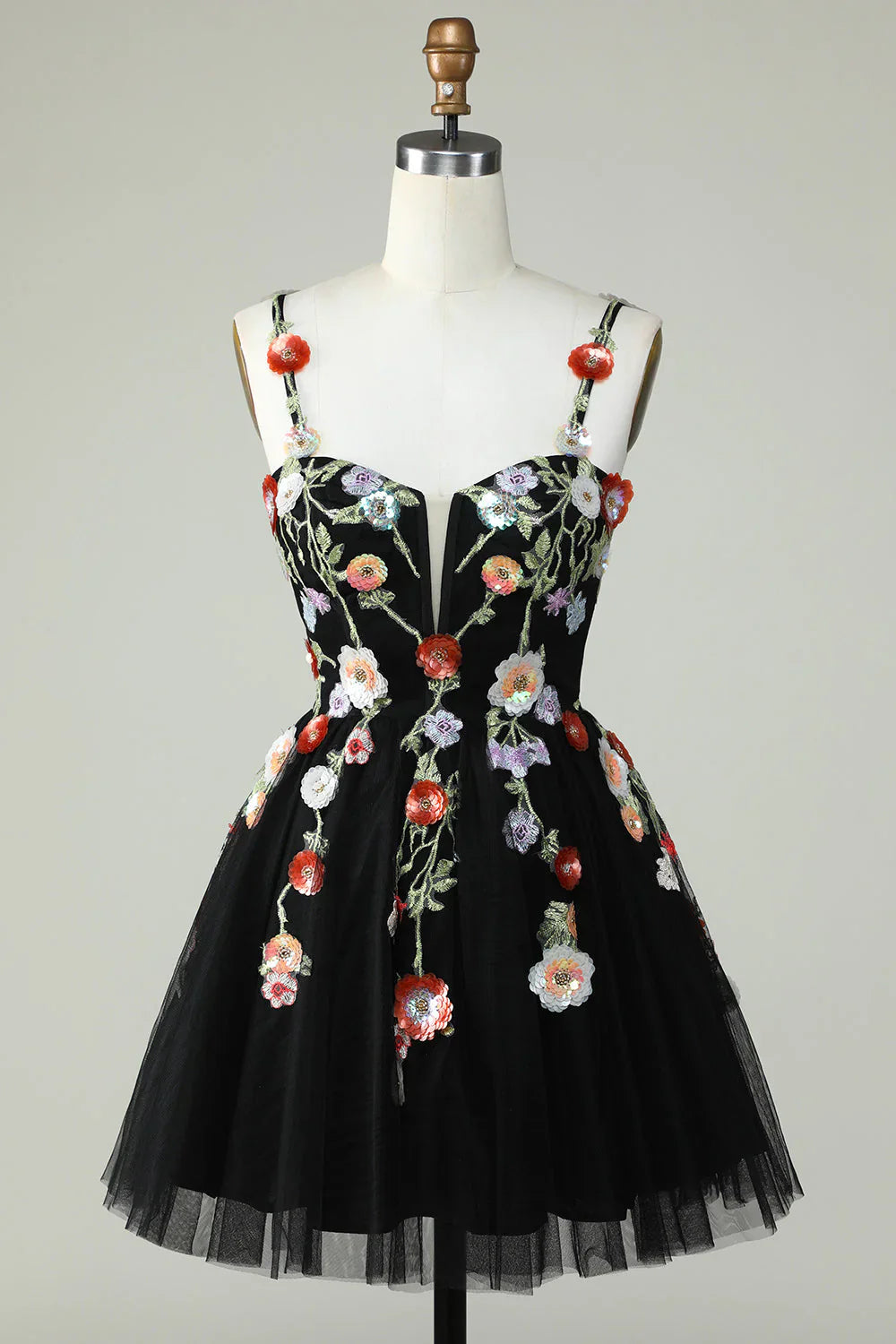 A Line Tulle Sparkly Black Homecoming Dress With Flower