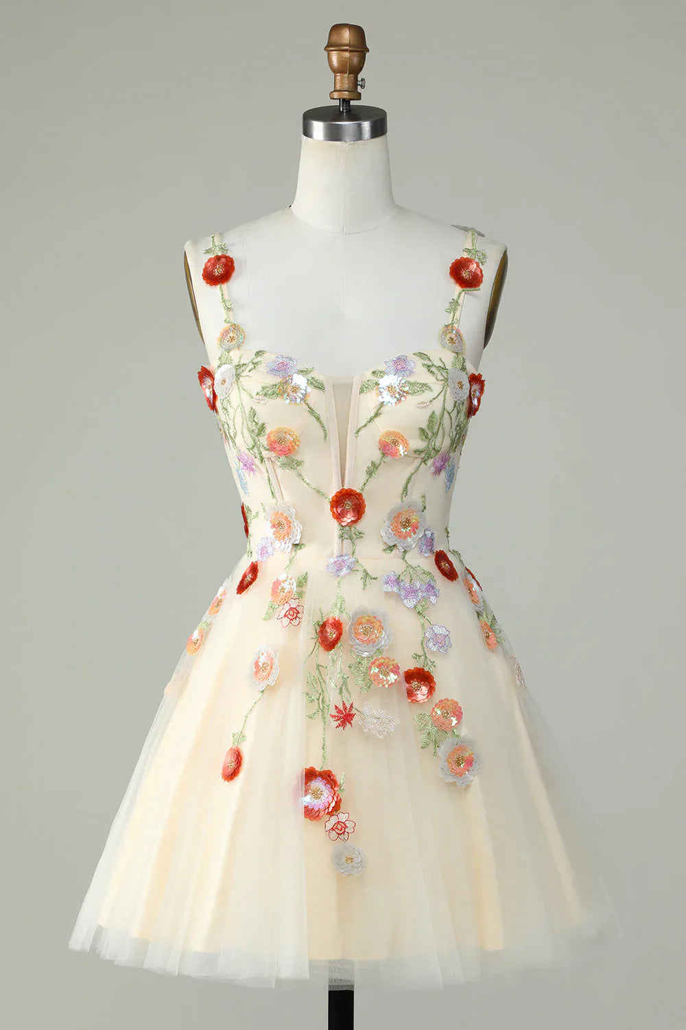 A Line Tulle Sparkly Champagne Homecoming Dress With Flower
