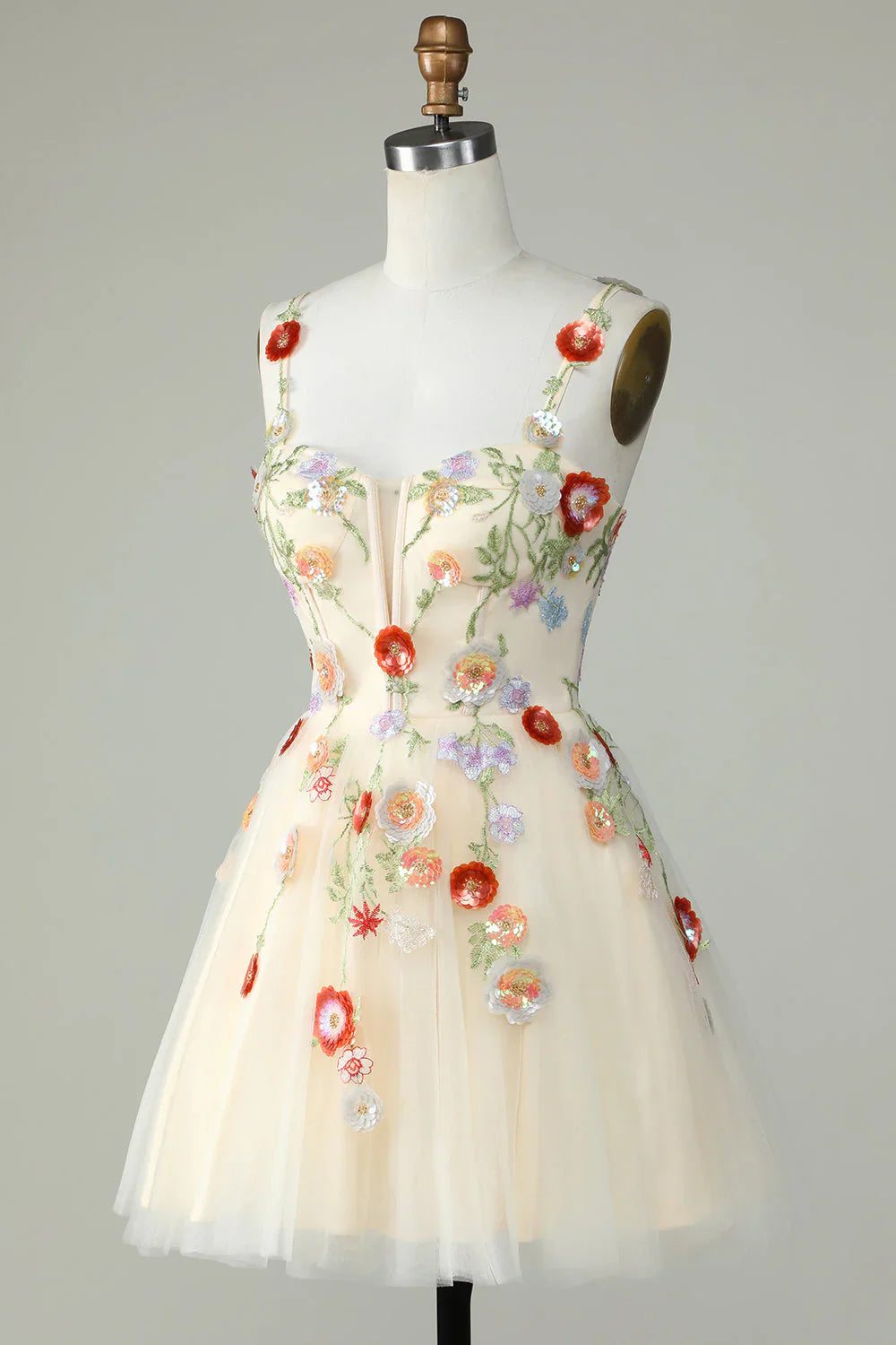 A Line Tulle Sparkly Champagne Homecoming Dress With Flower