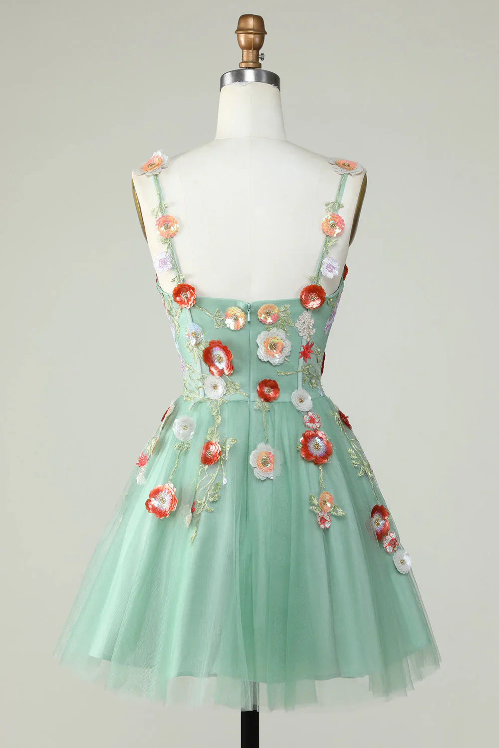 A Line Tulle Sparkly Green Homecoming Dress With Flowers