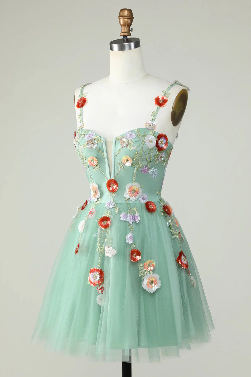 A Line Tulle Sparkly Green Homecoming Dress With Flowers