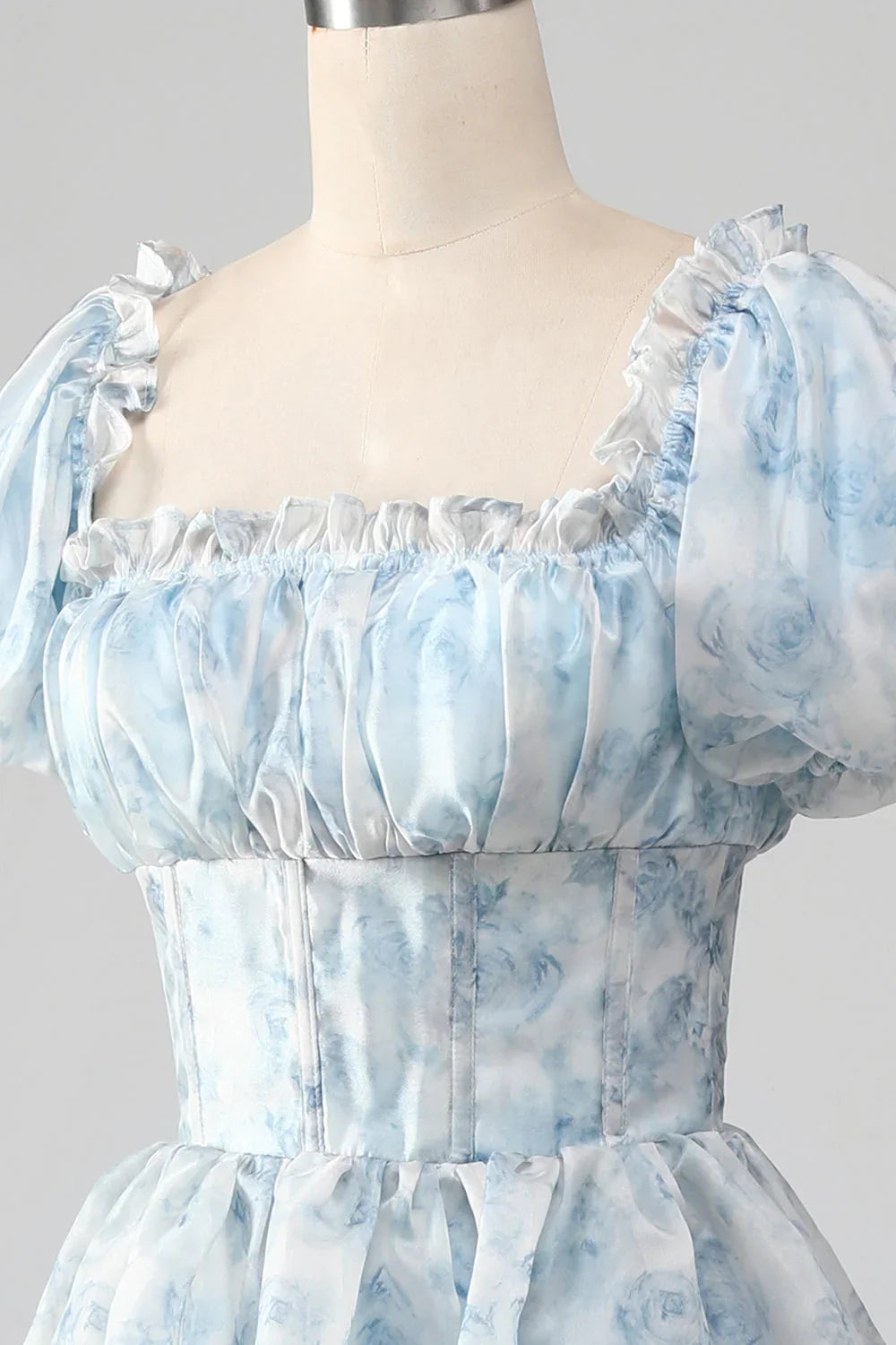 A-Line Tiered Corset Light Blue Prom Dress With Puff Sleeves