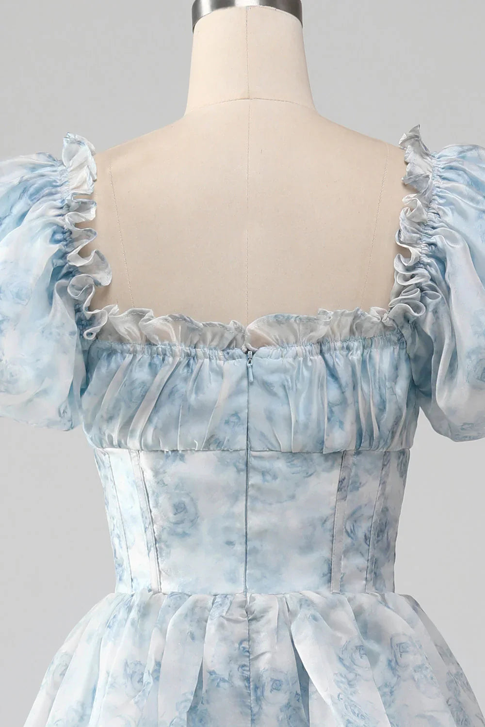 A-Line Tiered Corset Light Blue Prom Dress With Puff Sleeves
