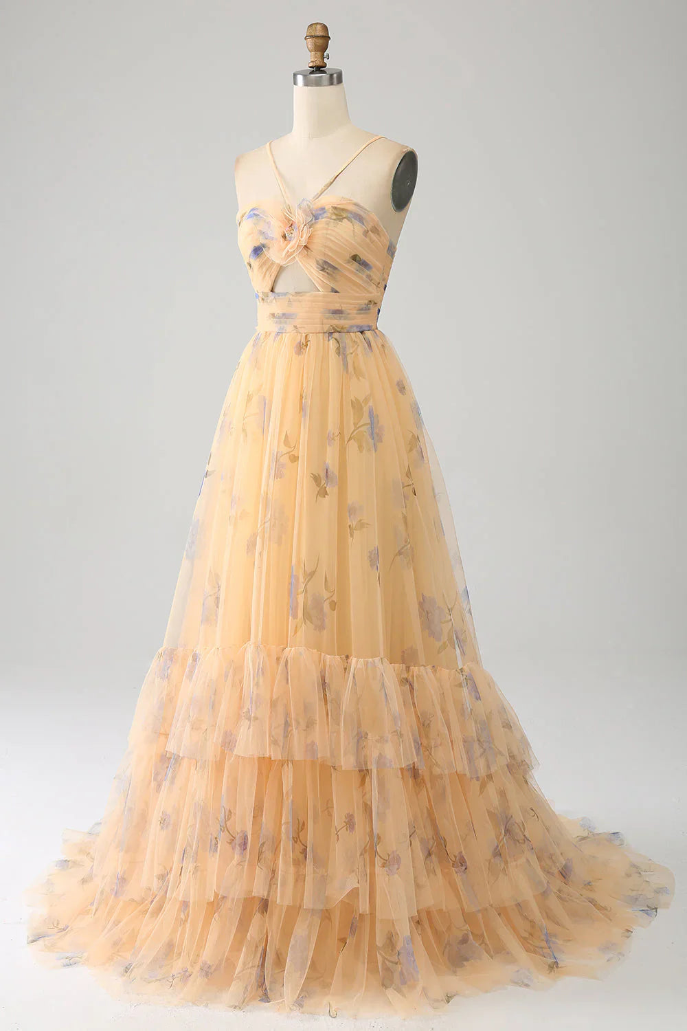 A-Line Halter Pleated Tulle Tiered Yellow Prom Dress With Embroidery