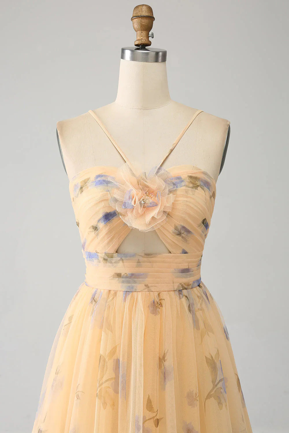 A-Line Halter Pleated Tulle Tiered Yellow Prom Dress With Embroidery