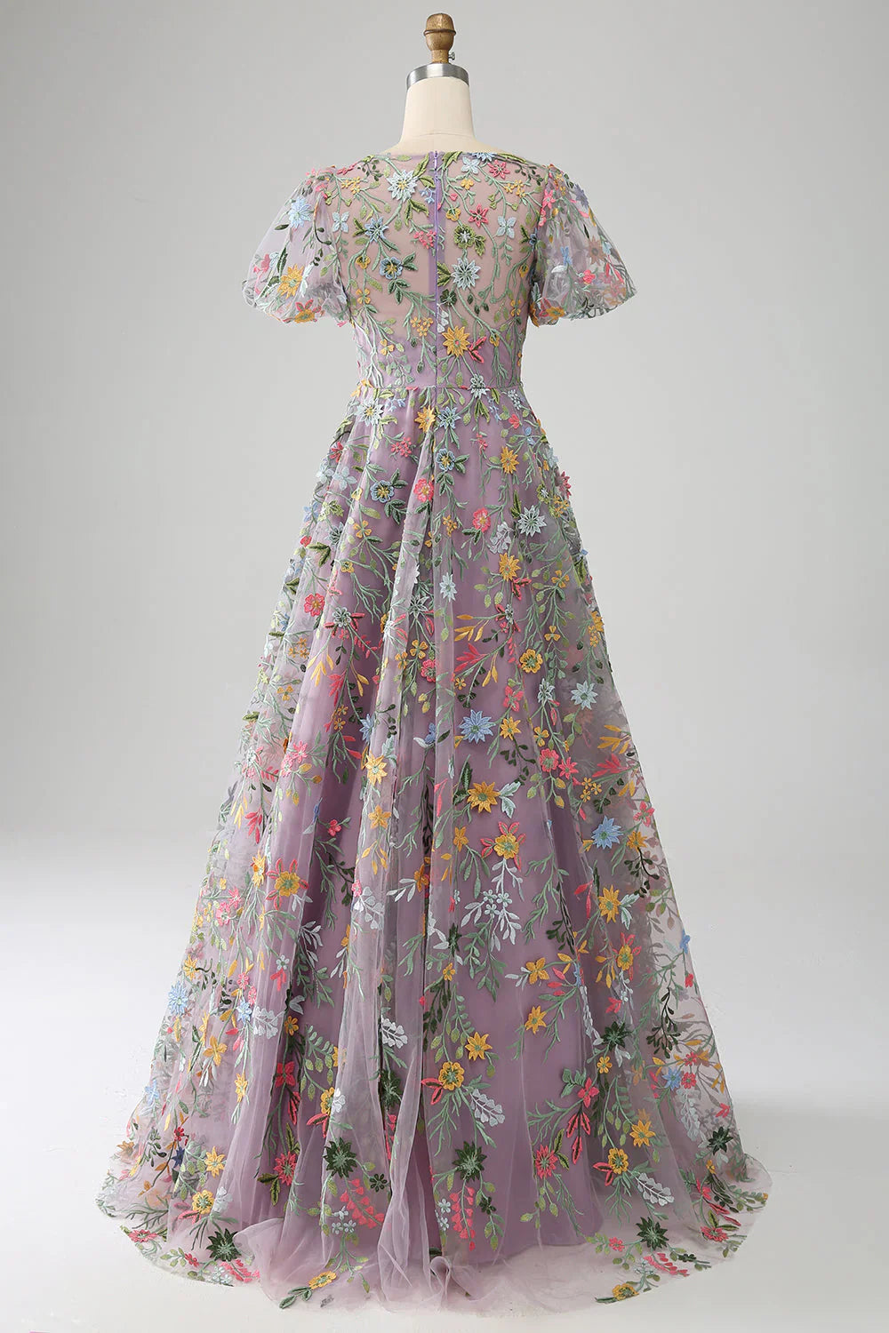 Ball-Gown/Princess Embroidered Mauve Prom Dress With Short Sleeves