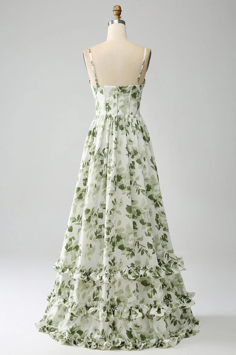 A-Line Spaghetti Straps Printed Pleated Green Long Prom Dress With Slit