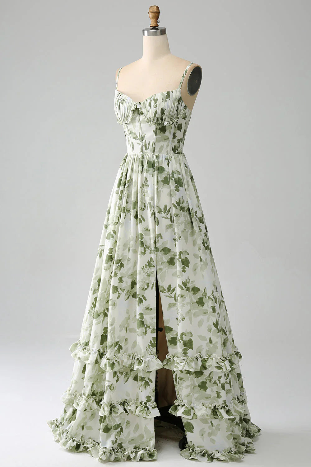 A-Line Spaghetti Straps Printed Pleated Green Long Prom Dress With Slit