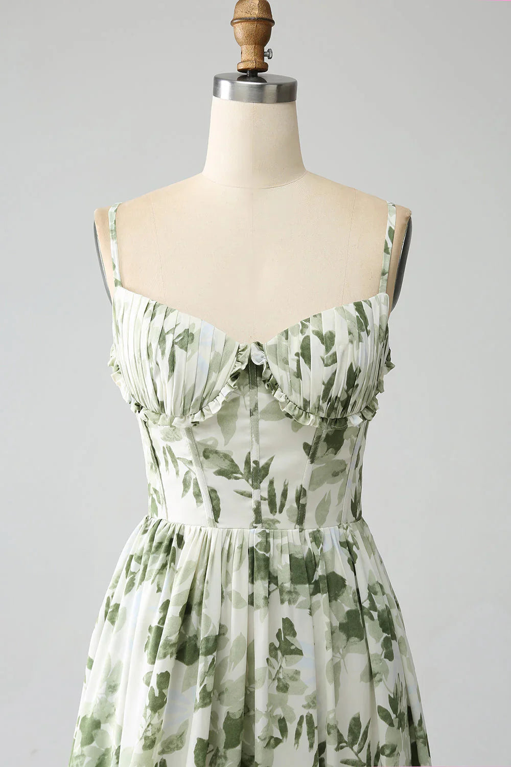 A-Line Spaghetti Straps Printed Pleated Green Long Prom Dress With Slit