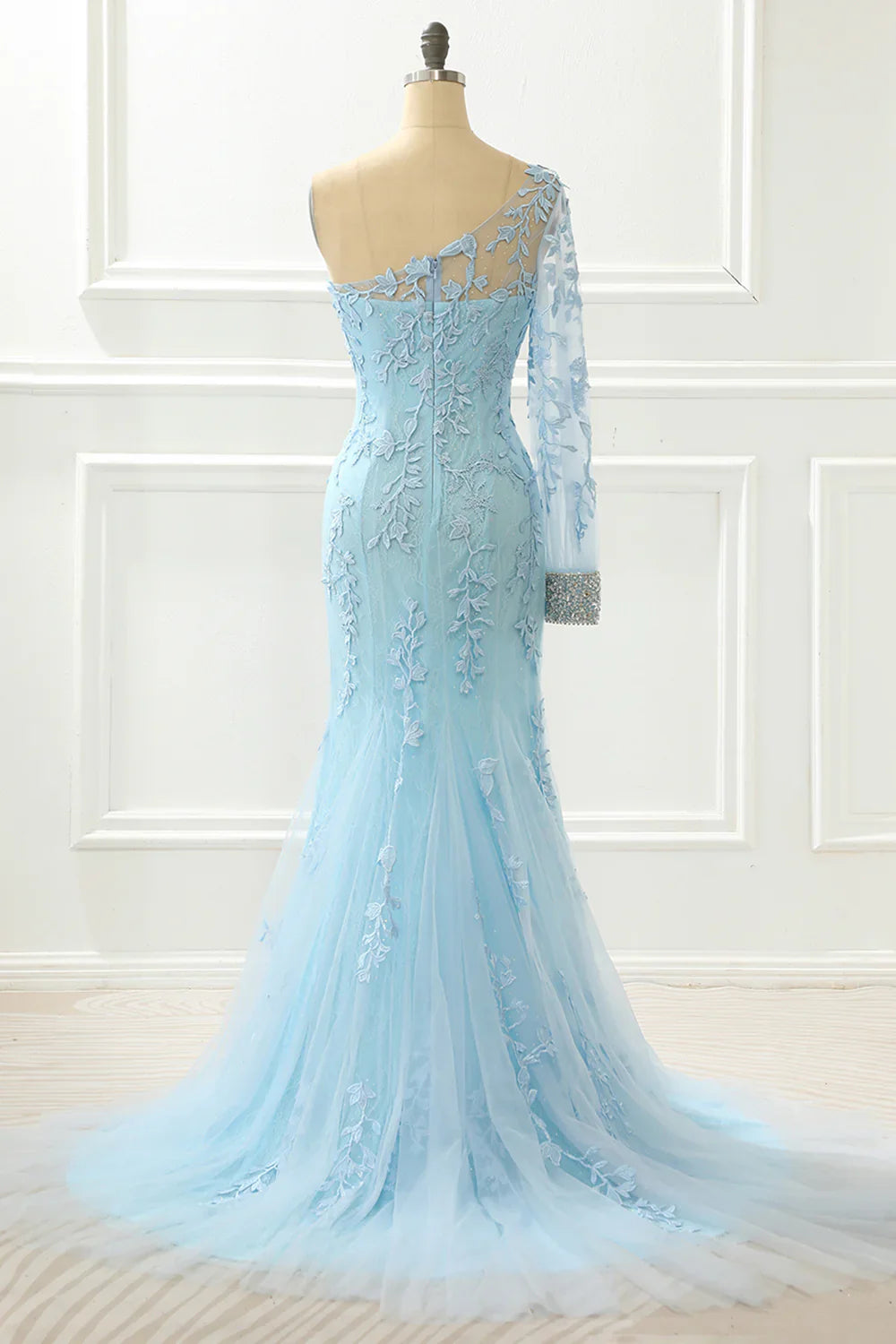 Sky Blue One Shoulder Mermaid Prom Dress With Appliques