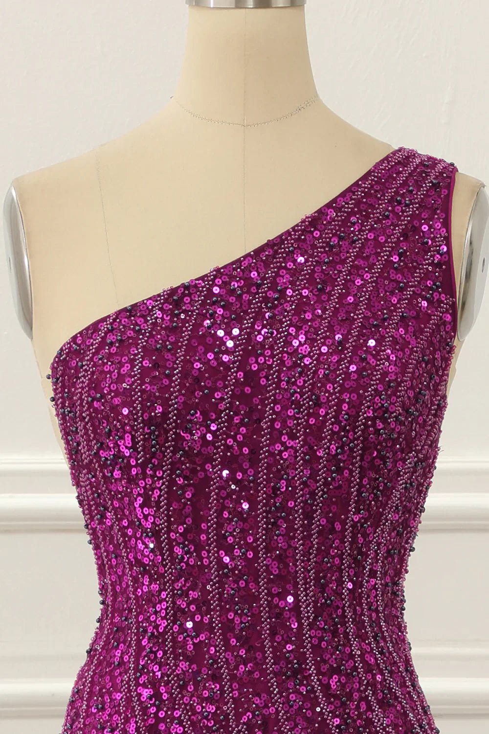 Purple One Shoulder Beaded Prom Dress With Slit