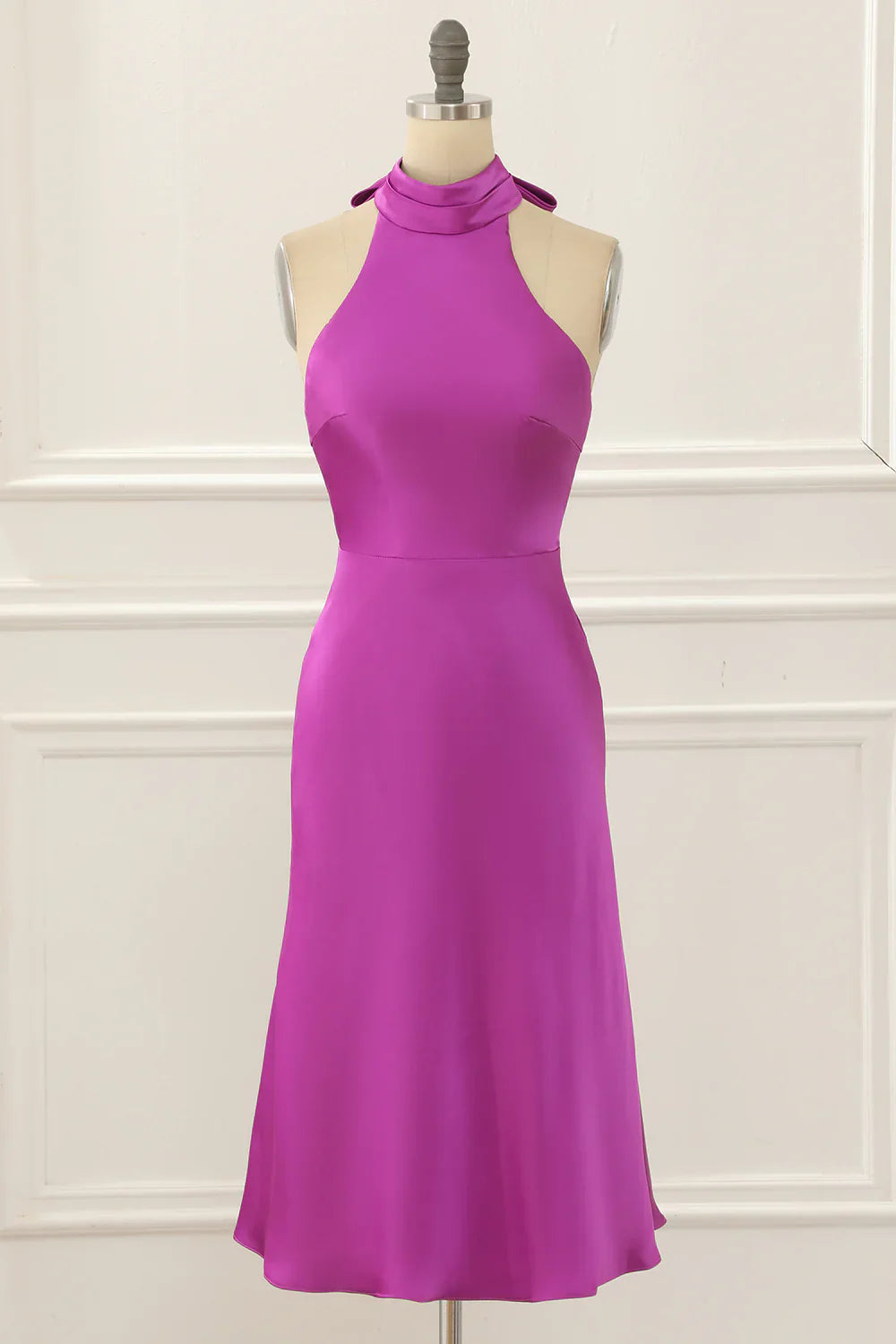 Satin Halter Short Simple Fuchsia Prom Dress
