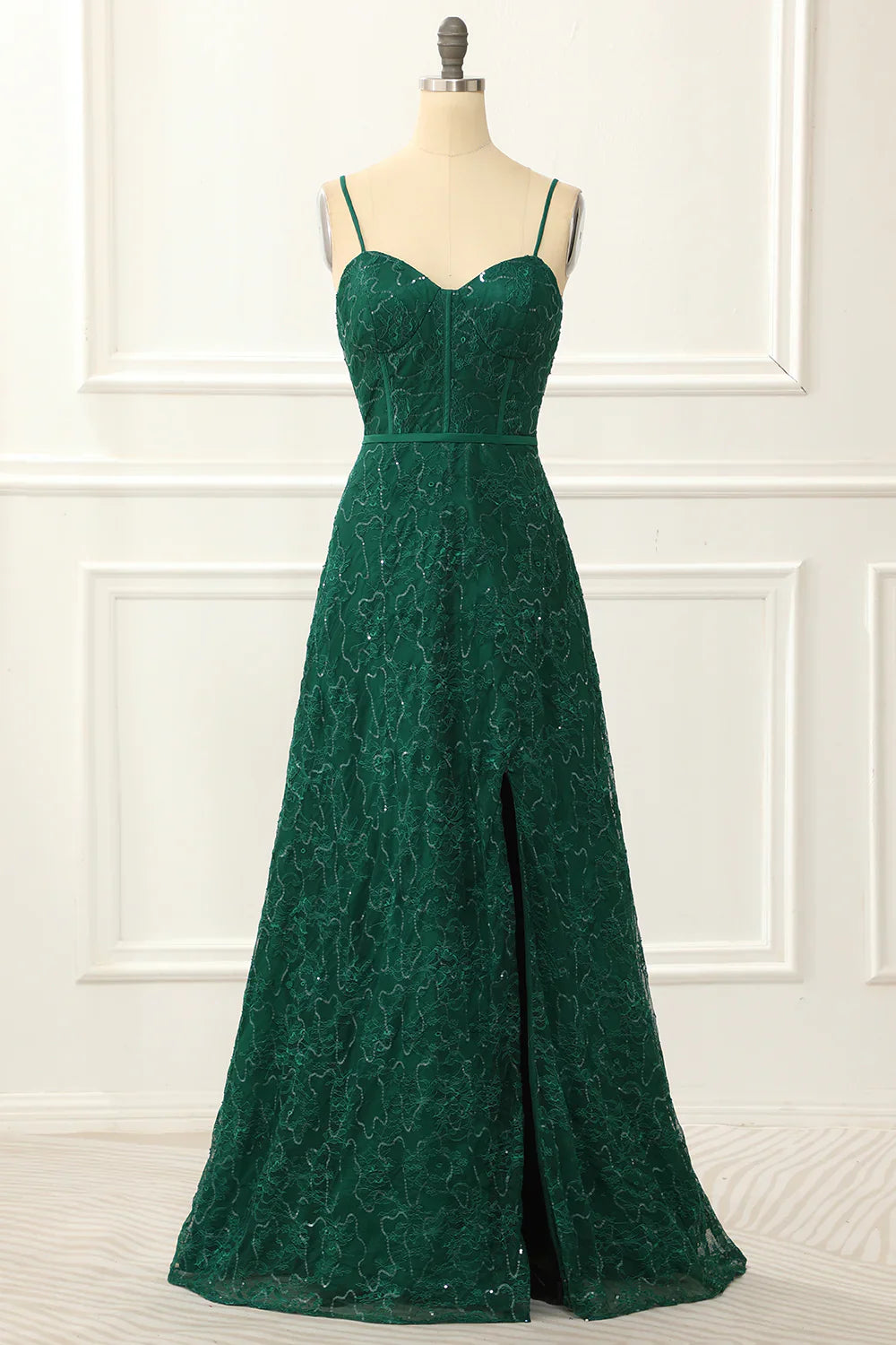 Spaghetti Straps Dark Green A Line Lace Prom Dress