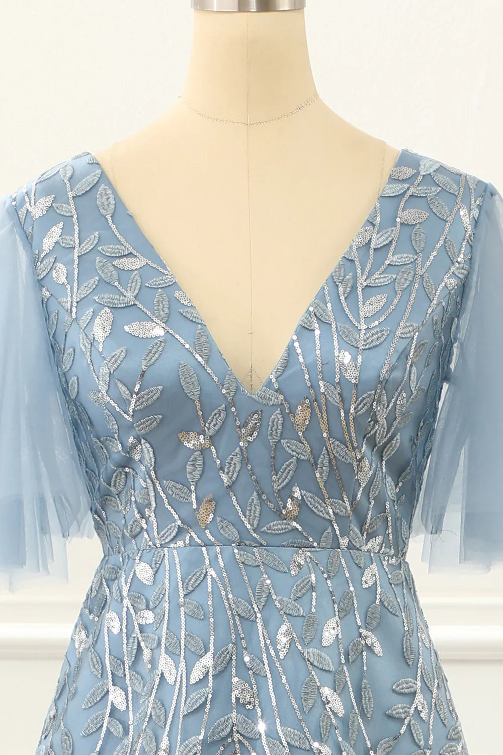 A Line Tulle Blue Prom Dress With Lace Appliques