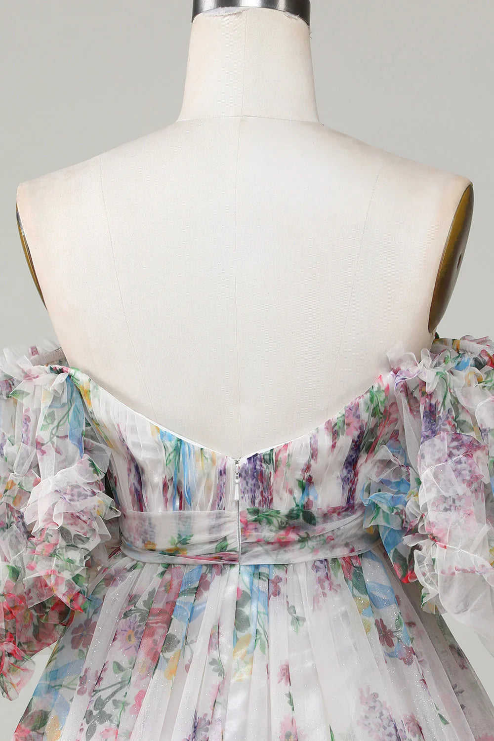 Floral Printed A-Line Tulle Homecoming Dress With Puff Sleeves