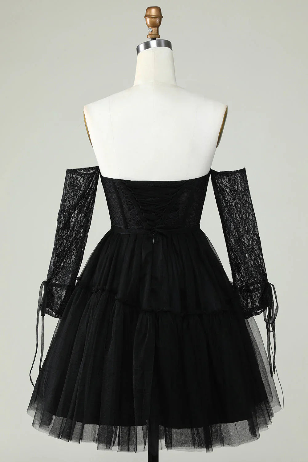 A Line Black Off The ShoulderCorset Homecoming Dress With Lace Long Sleeves
