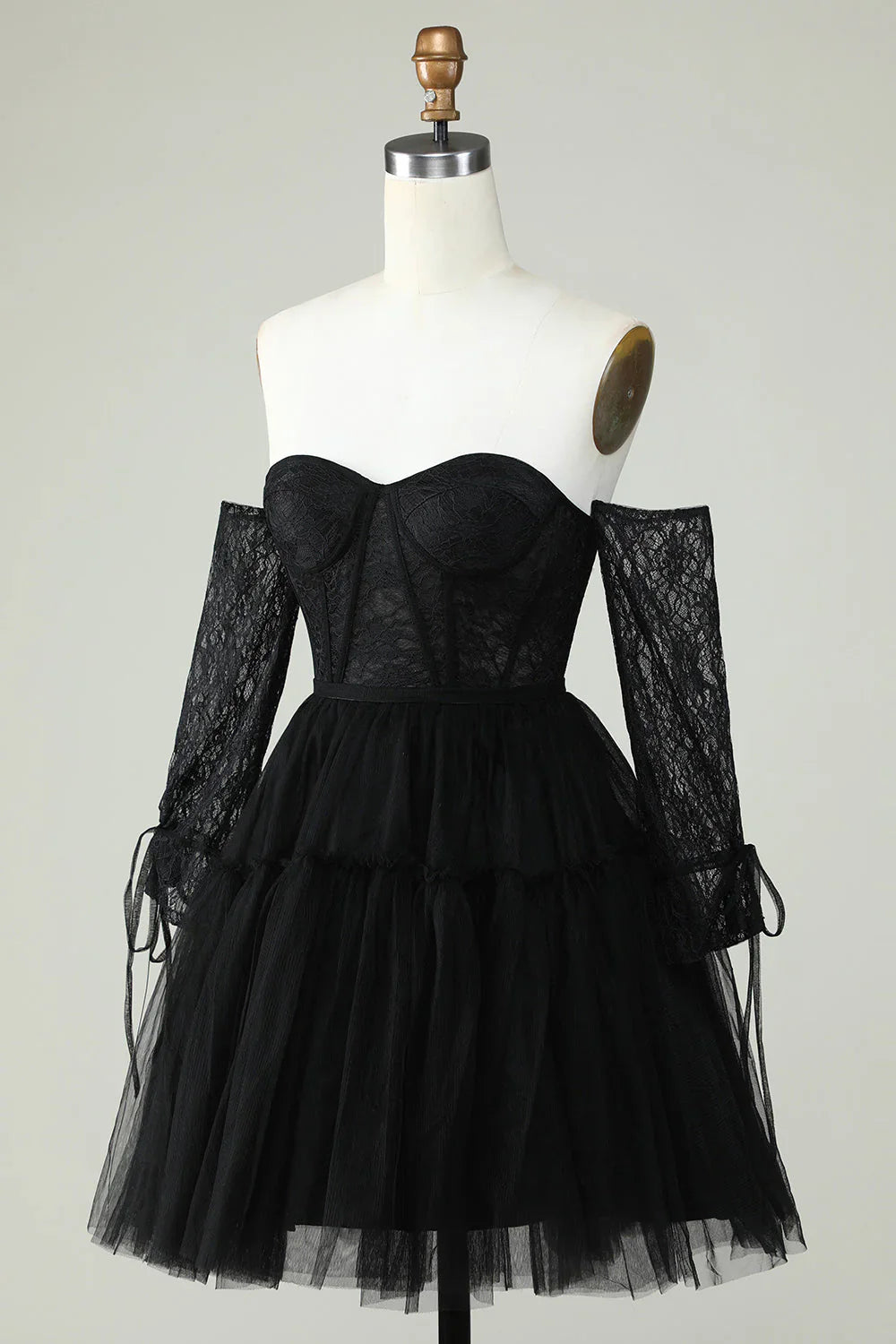 A Line Black Off The ShoulderCorset Homecoming Dress With Lace Long Sleeves