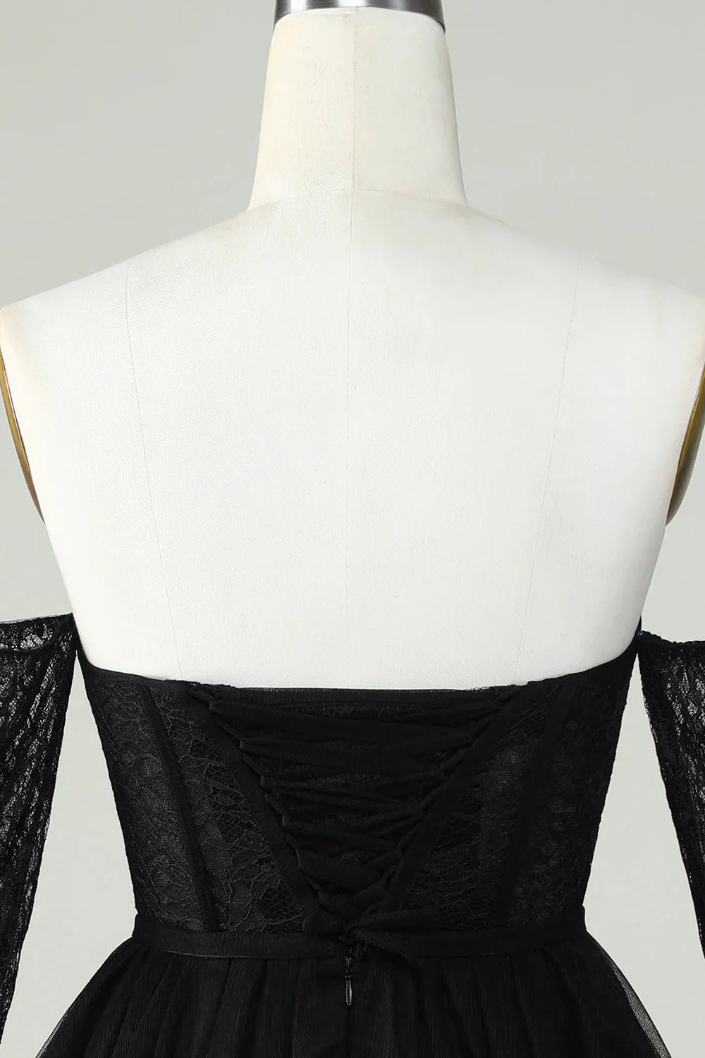 A Line Black Off The ShoulderCorset Homecoming Dress With Lace Long Sleeves