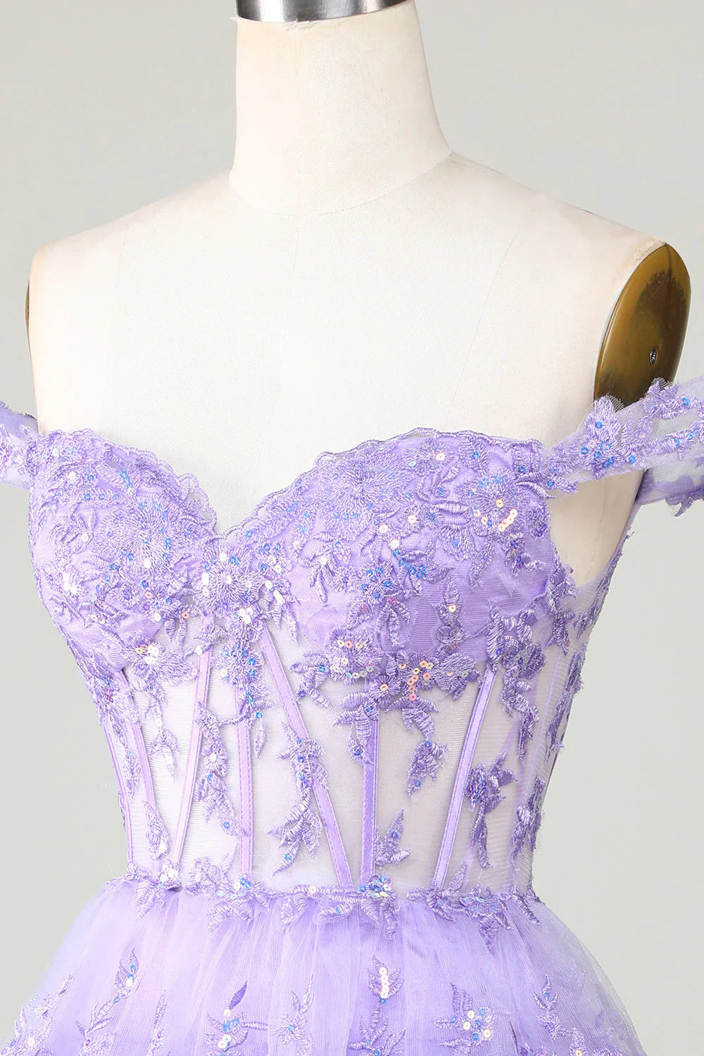 Lavender Off The Shoulder A Line Corset Tiered Homecoming Dress With Lace