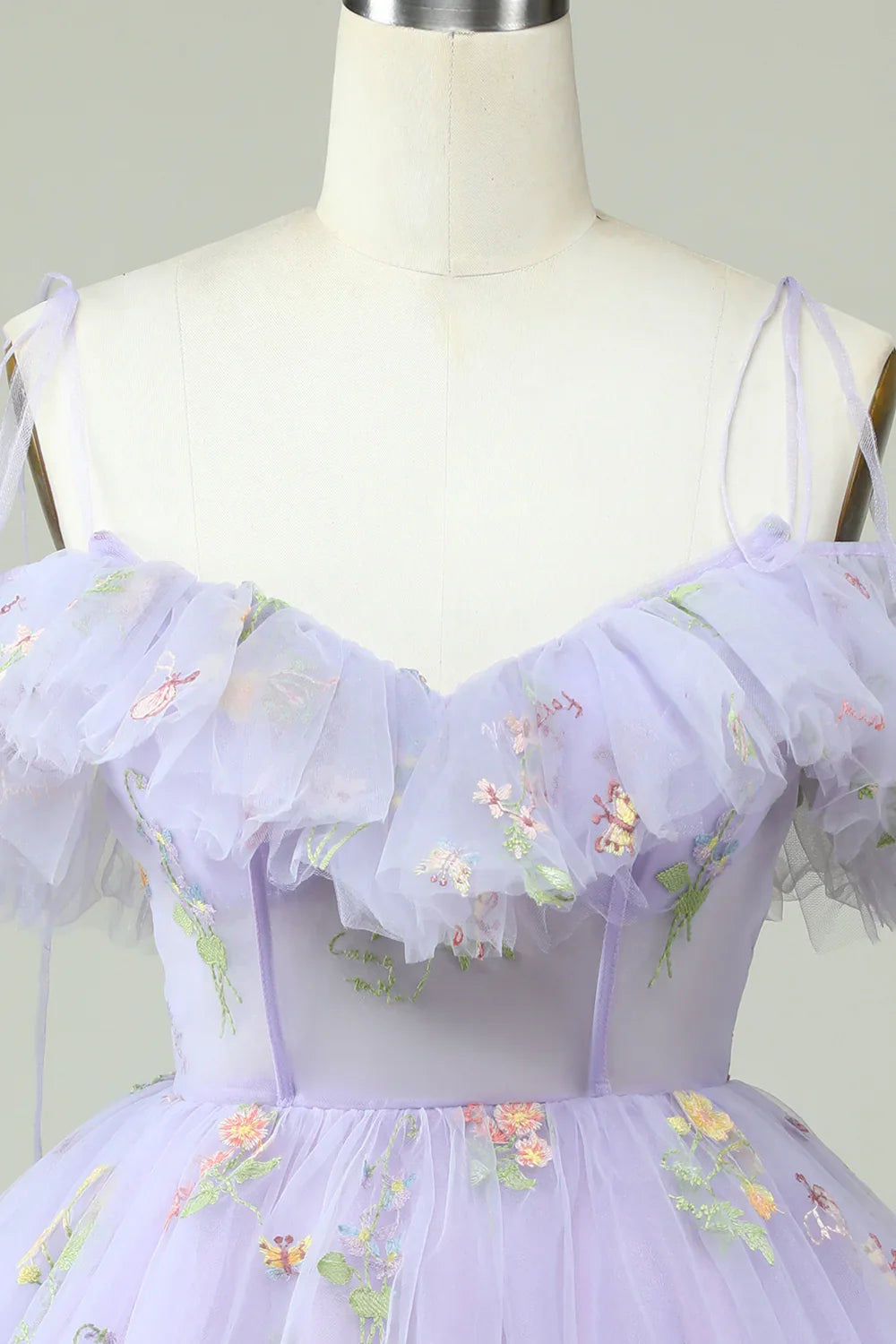 Lavender Off The Shoulder Embroidery Homecoming Dress With Ruffles