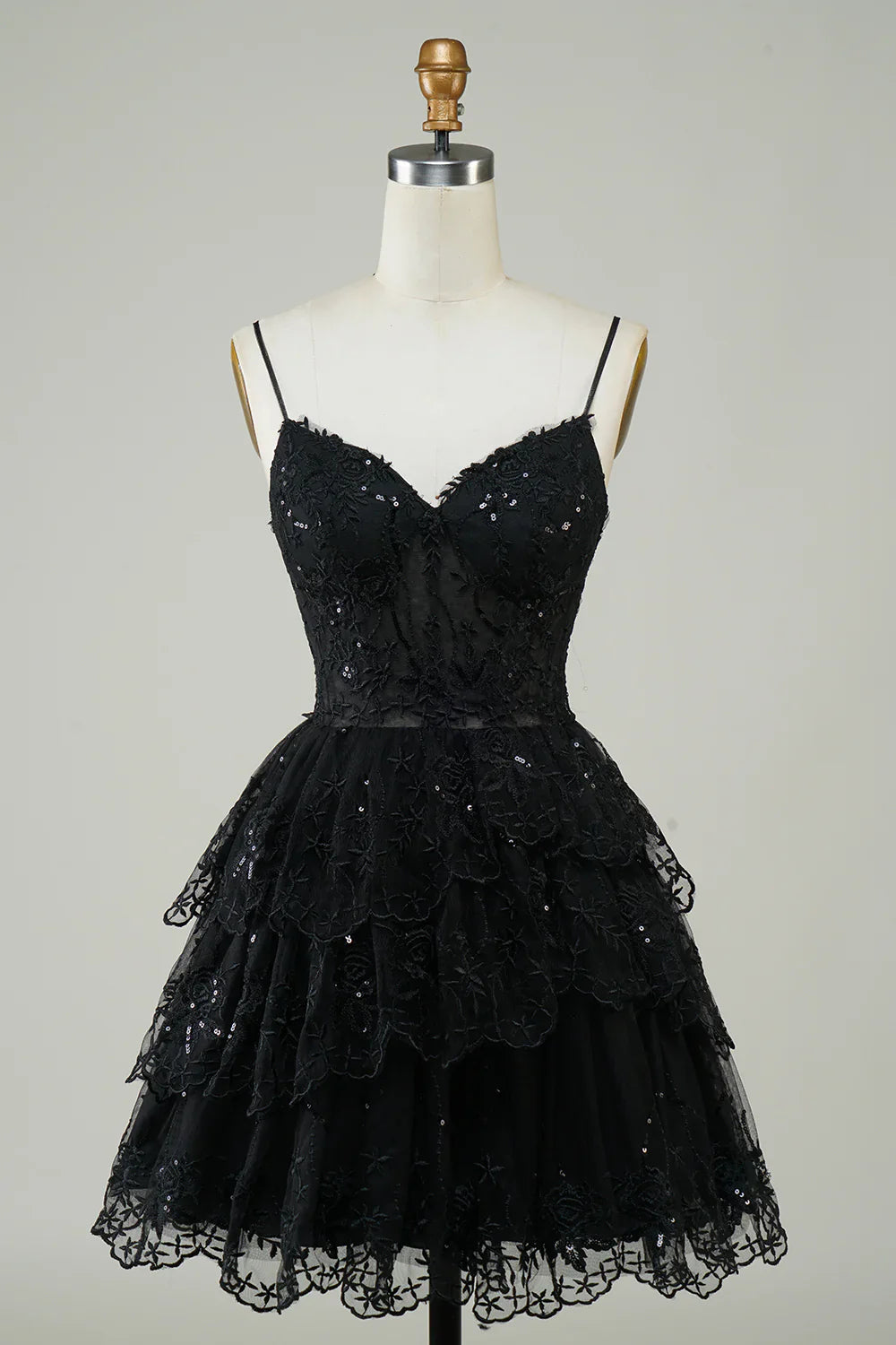 Sparkly Spaghetti Straps Sequins Tiered Homecoming Dress