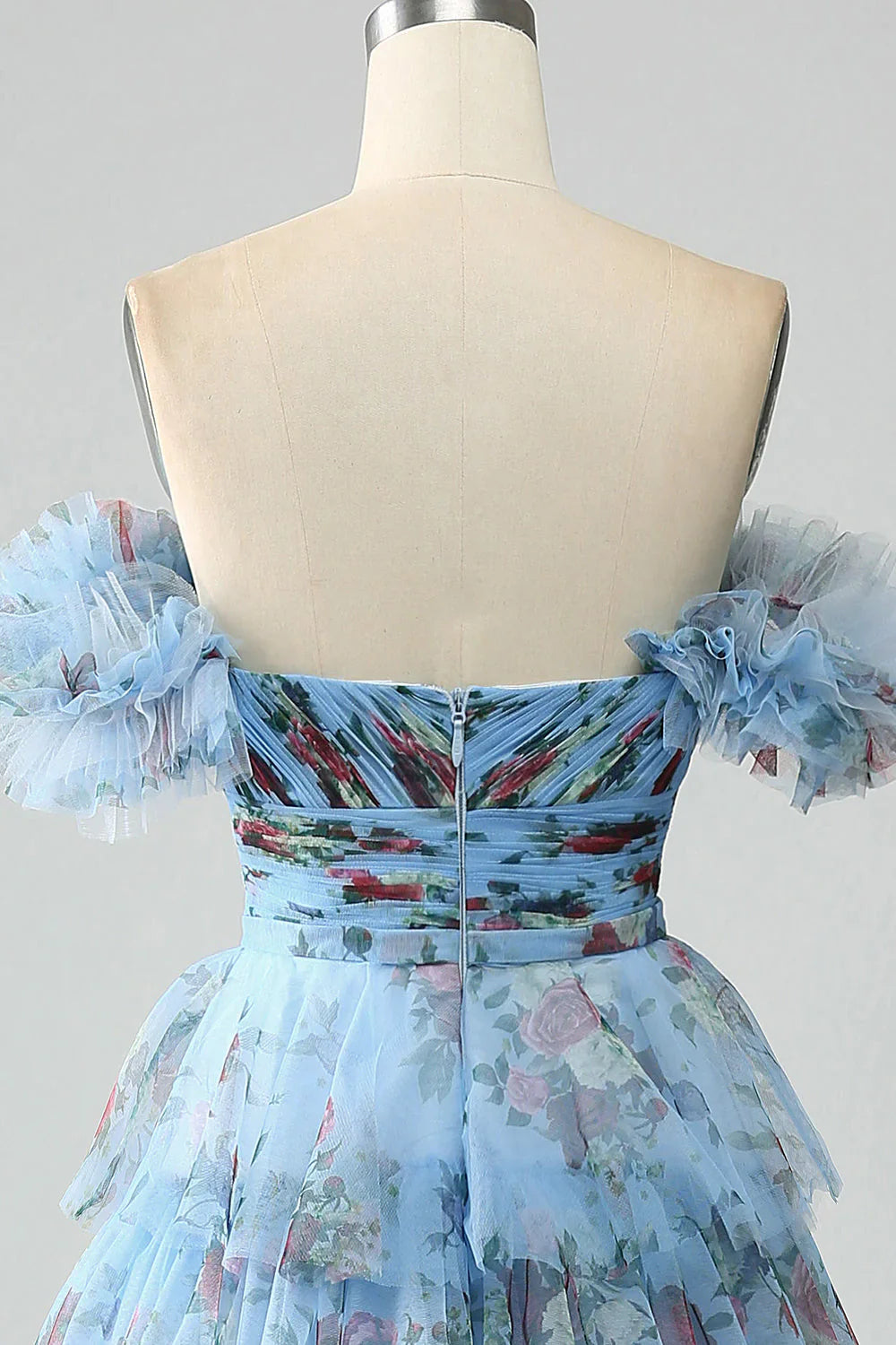 Floral Printed Tiered Off The Shoulder Prom Dress With Pleated