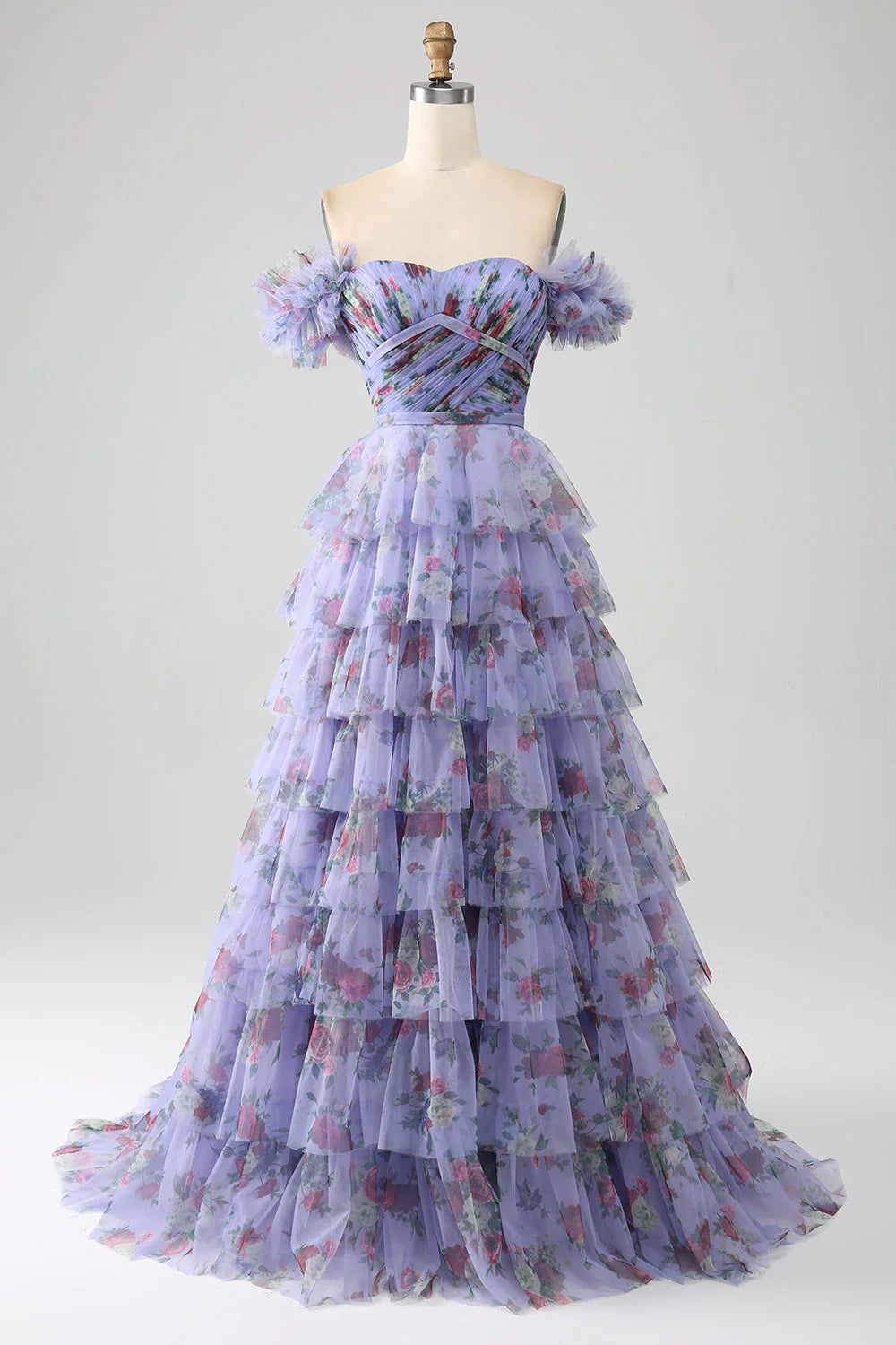 Floral Printed Tiered Off The Shoulder Prom Dress With Pleated