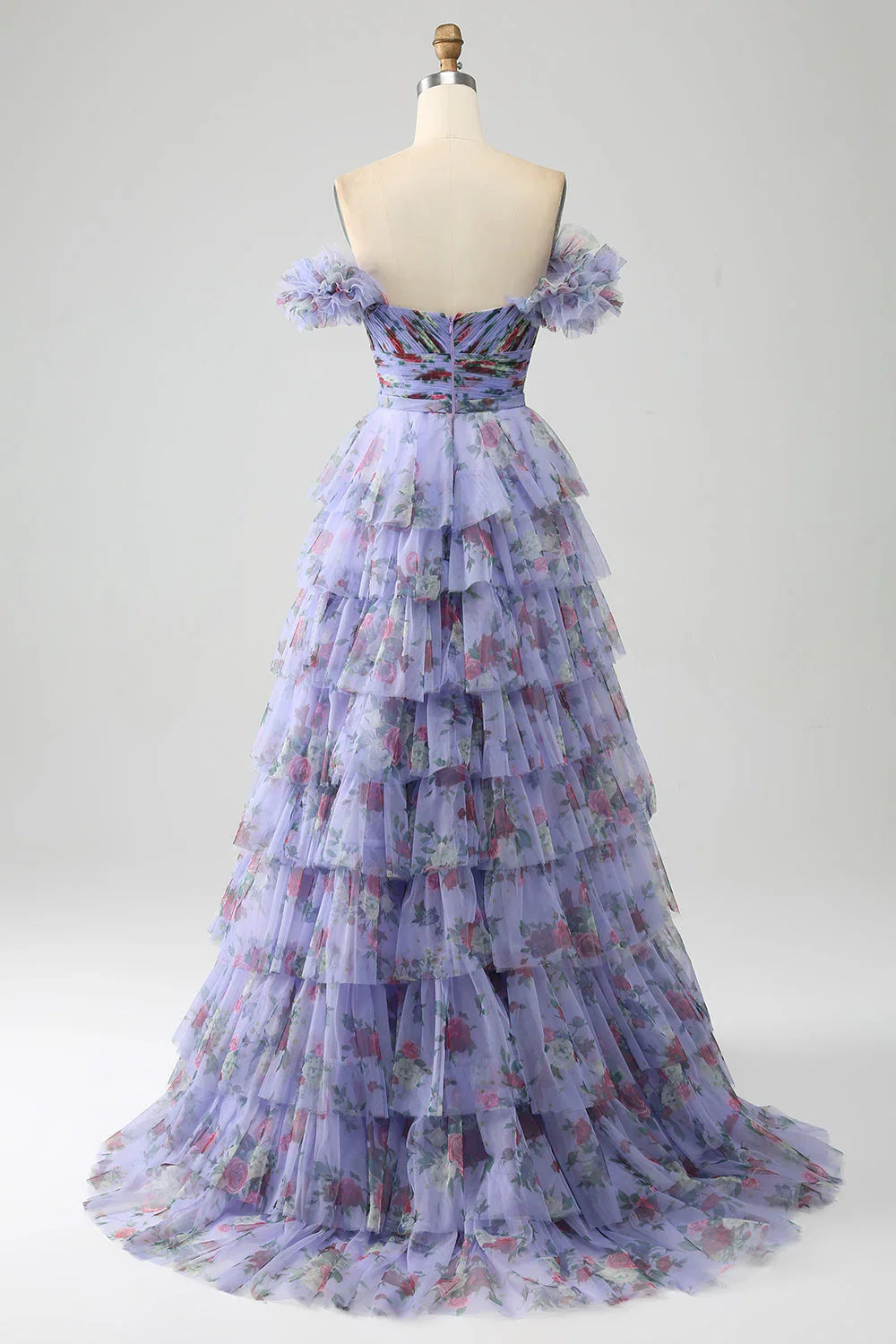Floral Printed Tiered Off The Shoulder Prom Dress With Pleated