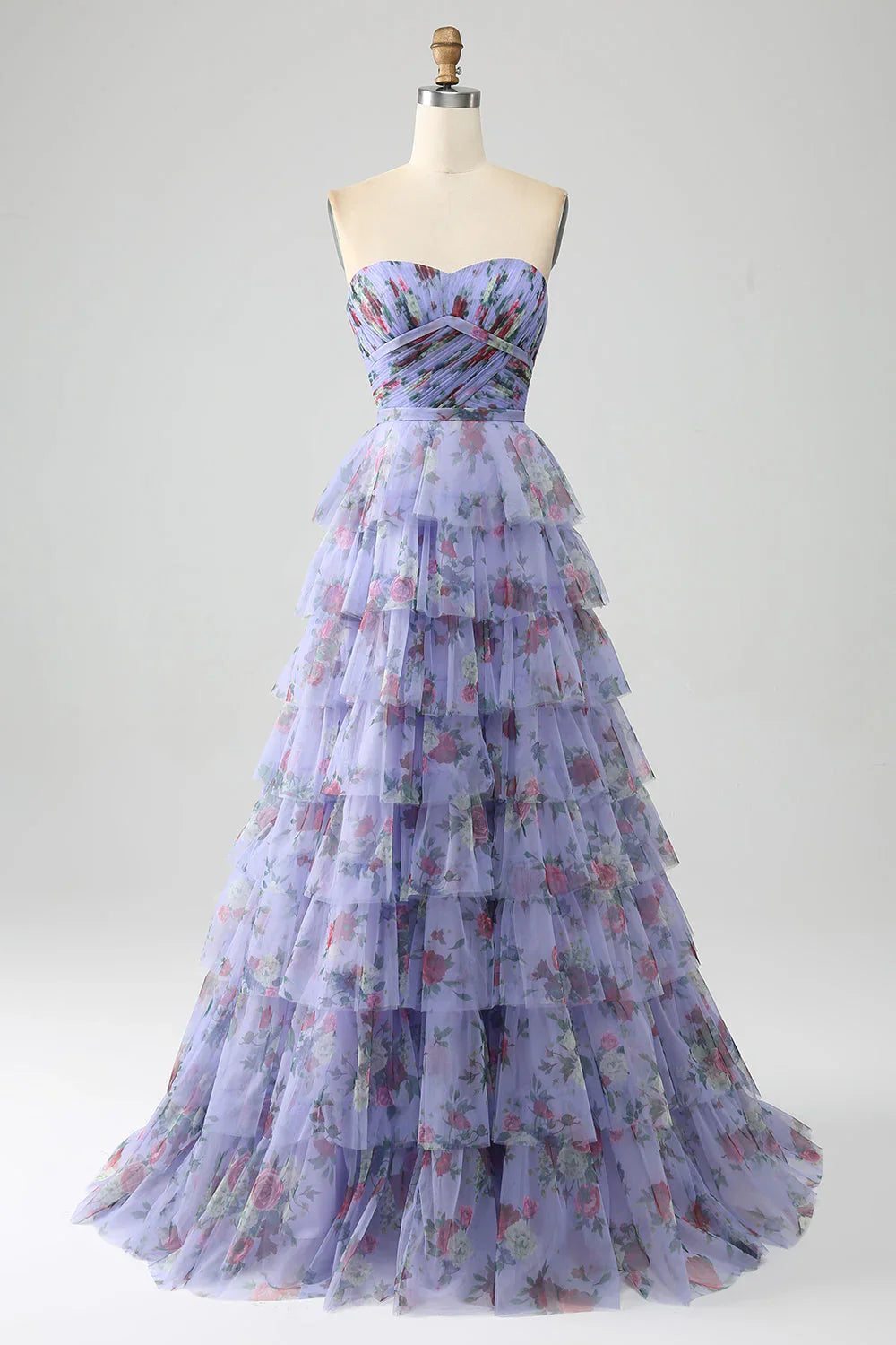 Floral Printed Tiered Off The Shoulder Prom Dress With Pleated