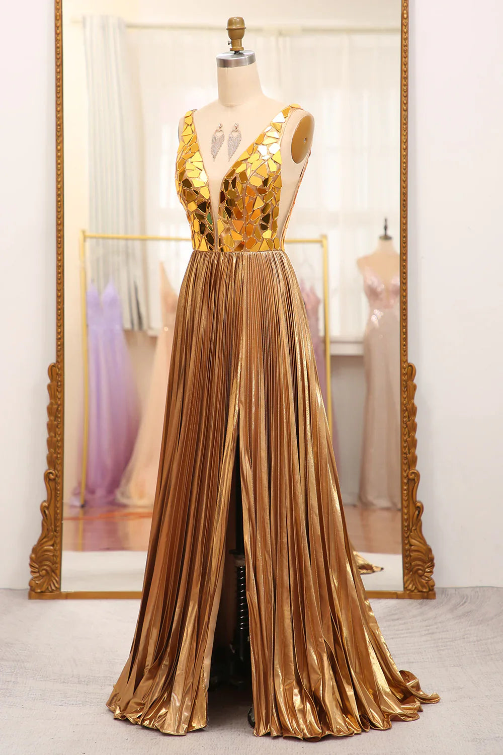 Sparkly A-Line V-Neck Pleated Prom Dress With Slit