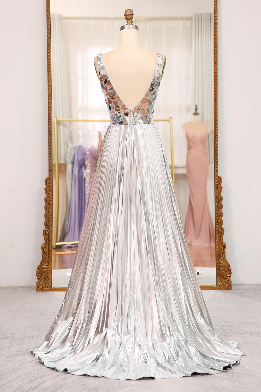 Sparkly A-Line V-Neck Pleated Prom Dress With Slit