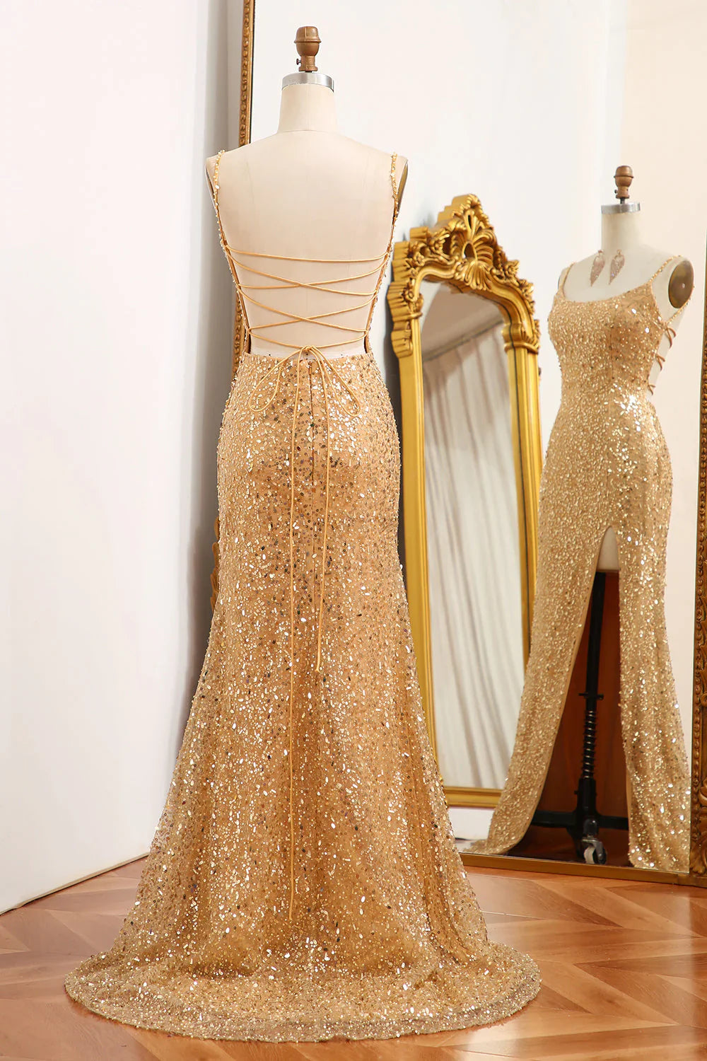 Mermaid Spaghetti Straps Sparkly Sequin  Golden  Prom Dress With Slit