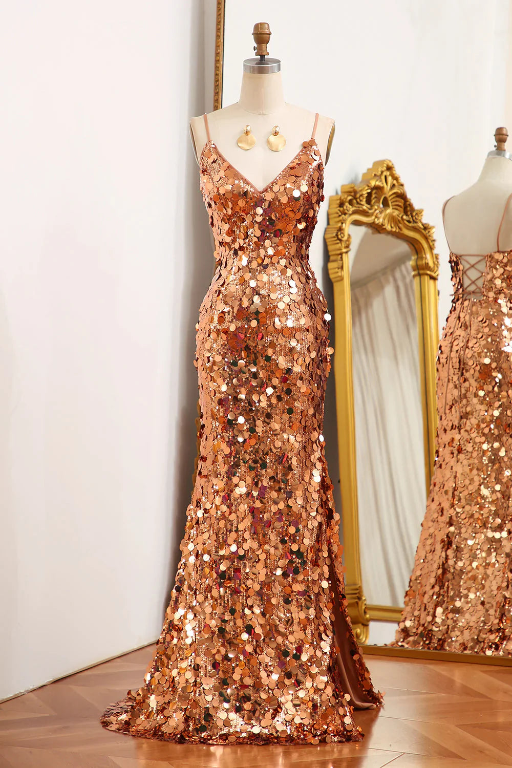 Mermaid Spaghetti Straps Sparkly Sequin  Golden  Prom Dress With Slit