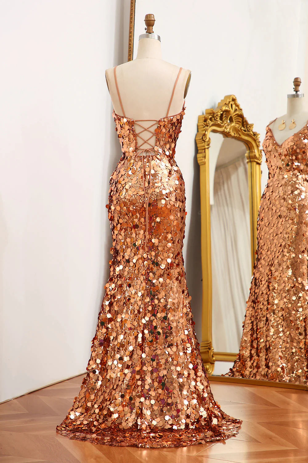 Mermaid Spaghetti Straps Sparkly Sequin  Golden  Prom Dress With Slit