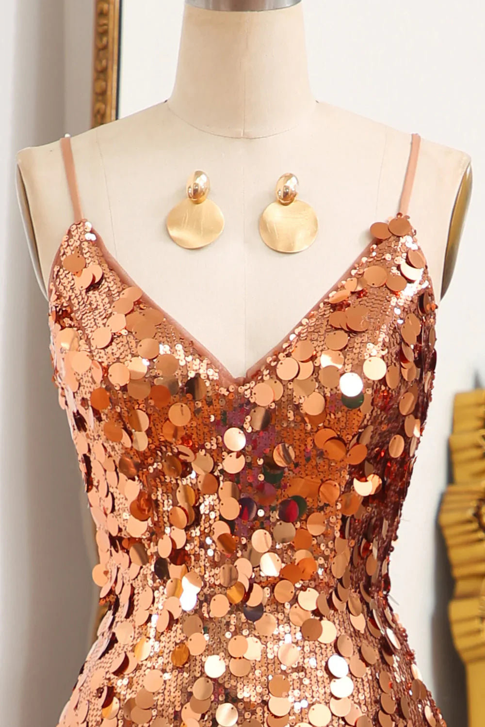 Mermaid Spaghetti Straps Sparkly Sequin  Golden  Prom Dress With Slit